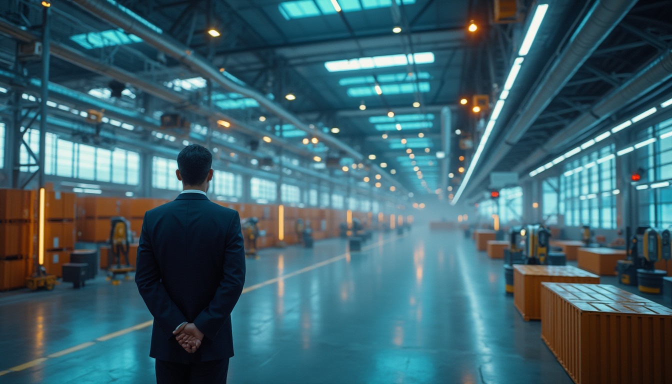 Prompt: High-tech distribution center, modern industrial architecture, sleek metallic exterior, neon lights illuminating rows of shipping containers, automated robots moving swiftly along conveyor belts, futuristic control room with holographic displays, manager in a black suit, white shirt, and silver tie, standing confidently, hands behind back, background with blurred motion effects, cinematic composition, shallow depth of field, high-contrast lighting, cyberpunk atmosphere.