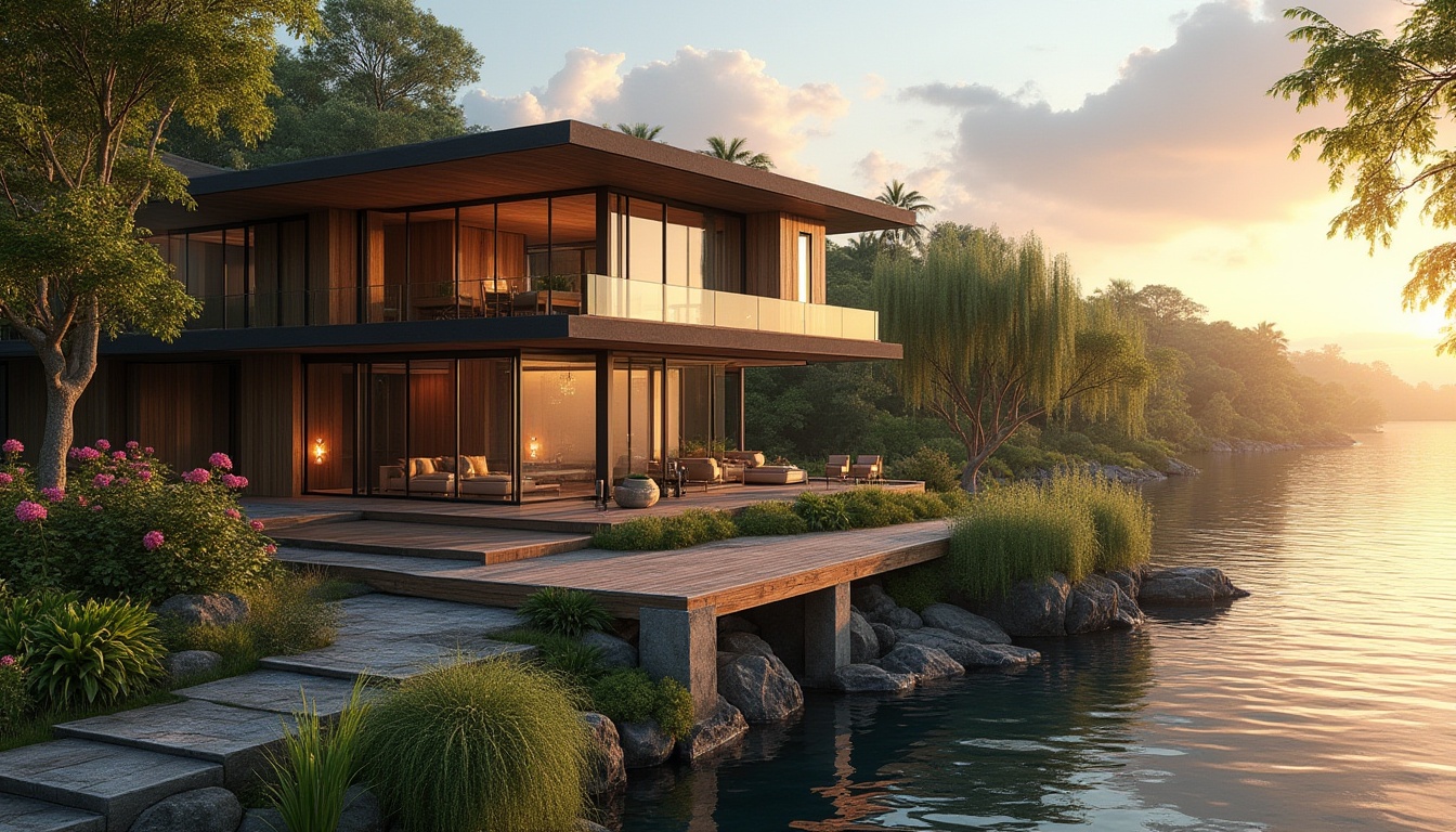 Prompt: Riverbank, luxurious villa, modern architecture, glass walls, wooden accents, flat roof, floor-to-ceiling windows, sliding doors, outdoor patio, wooden deck, stairs leading to waterfront, lush greenery, weeping willows, blooming flowers, river views, sunset time, warm golden light, soft ambient lighting, 3/4 composition, panoramic view, depth of field, realistic rendering, cinematic atmosphere.