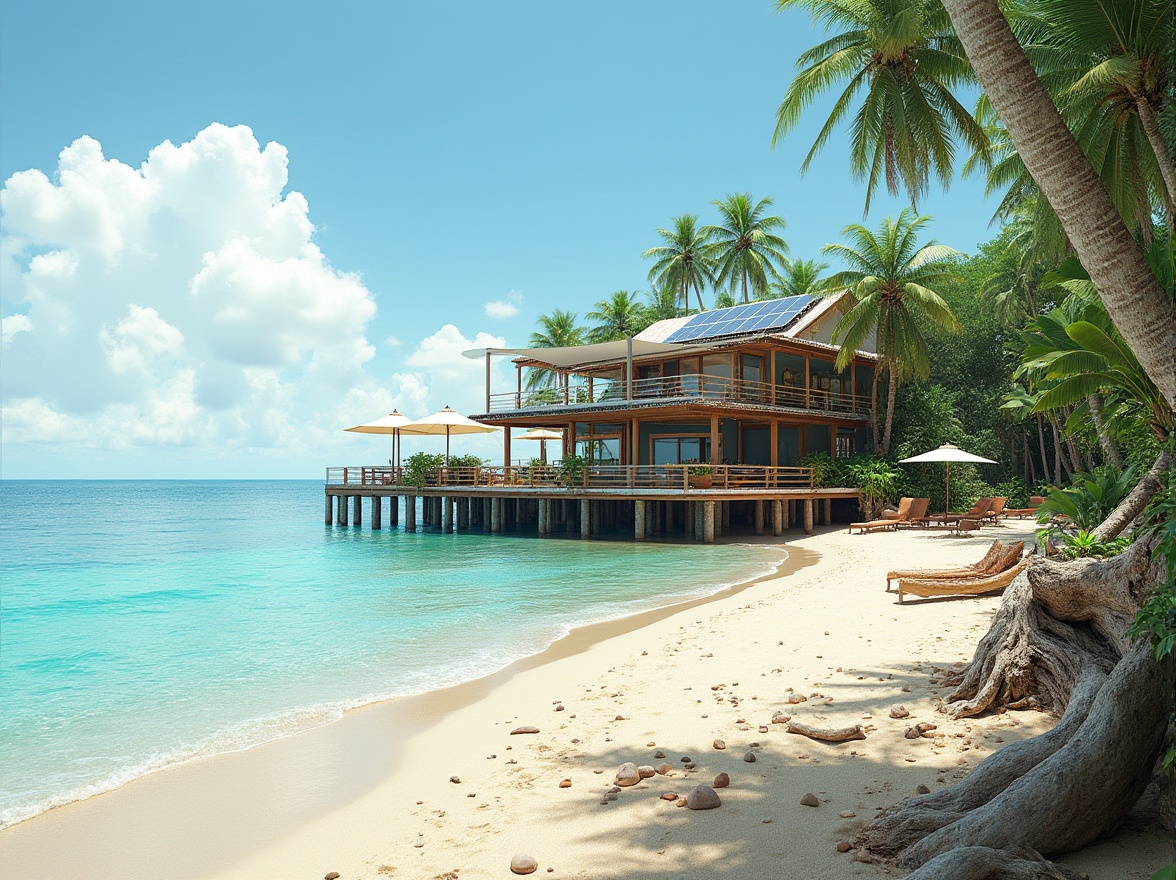 Prompt: Eco-friendly beach design, sustainable architecture, tropical climate, wooden deck, recycled plastic railings, solar panels, wind turbines, green roofs, native plants, driftwood sculptures, shells, pebbles, sandy dunes, calm turquoise water, clear blue sky, gentle sea breeze, morning sunlight, 3/4 composition, panoramic view, natural texture, earthy tone.