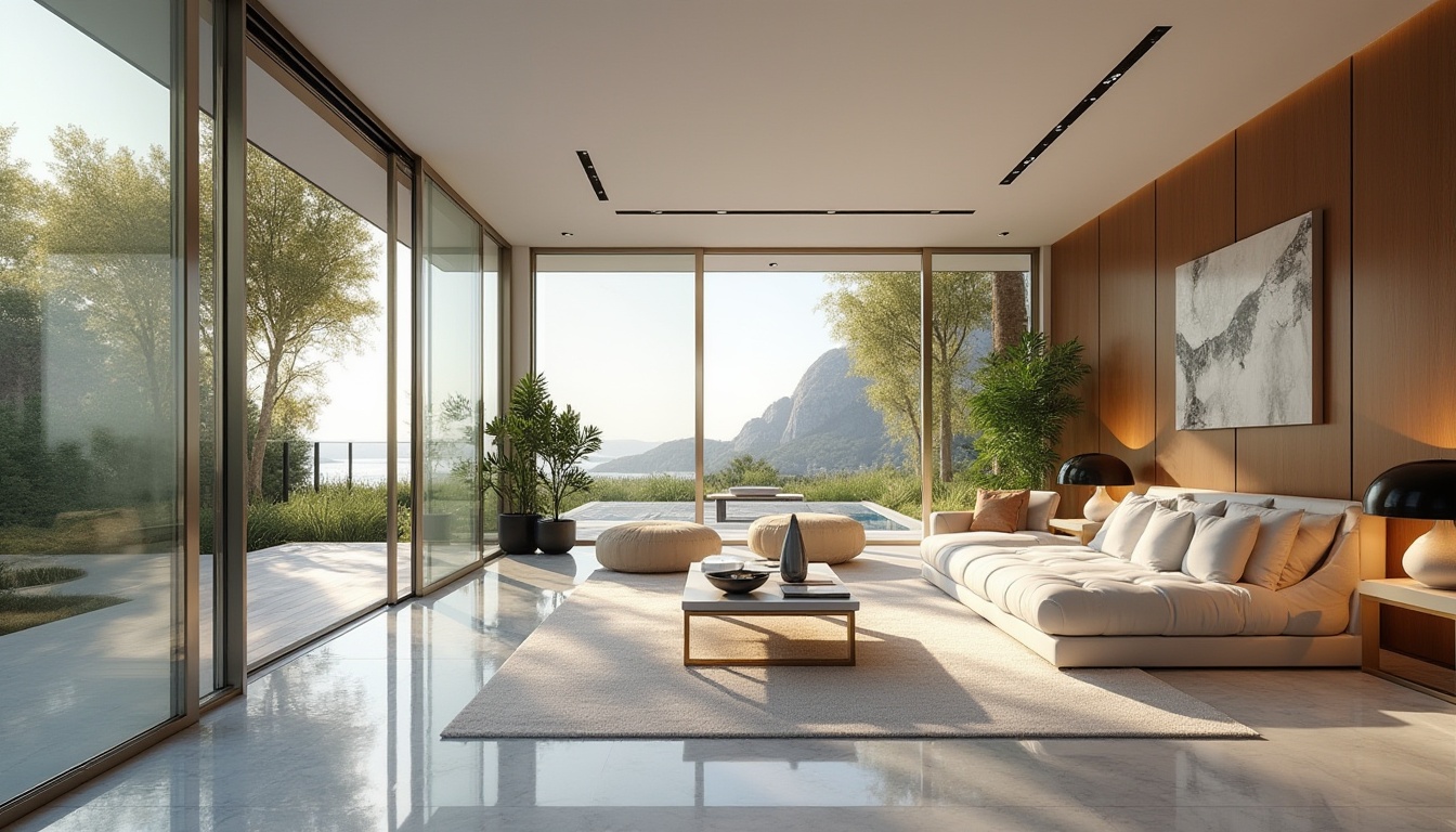 Prompt: Modern interior, luxurious villa, sleek lines, glass material, transparent walls, reflective surfaces, metallic frames, minimalist decor, abstract art pieces, floor-to-ceiling windows, natural light pouring in, daytime, warm ambiance, soft shadows, 3/4 composition, shallow depth of field, high-end furniture, marble floors, ambient lighting.