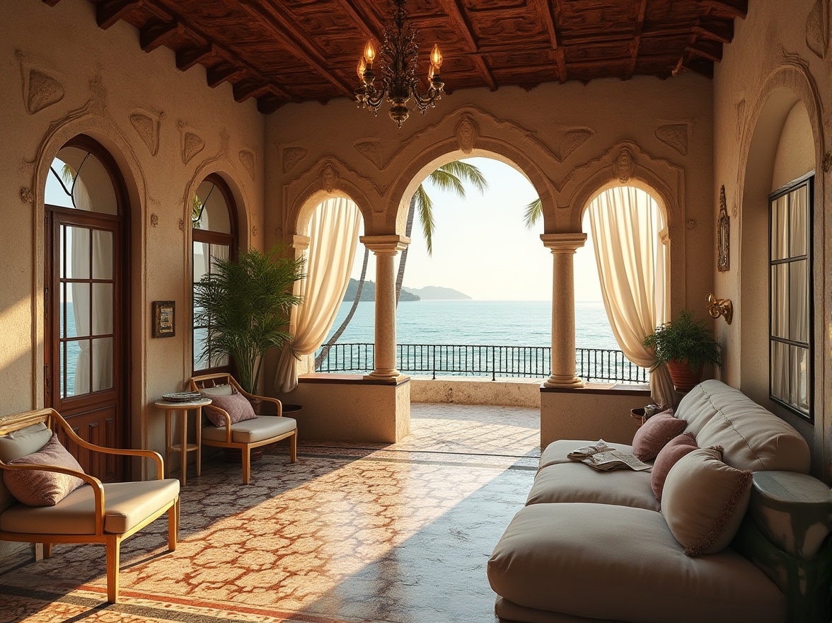 Prompt: Coastal Byzantine style house, Mediterranean seaside, warm sandy beach, crystal clear turquoise water, palm trees swaying gently, stone walls with ornate carvings, arched windows, red-tiled roofs, intricately patterned mosaic floors, soft white curtains blowing in the sea breeze, vintage wooden doors, ornate golden chandeliers, cozy reading nook with plush cushions, sea-view balcony with wrought iron railings, morning sunrise lighting, warm ambient glow, serene atmosphere.