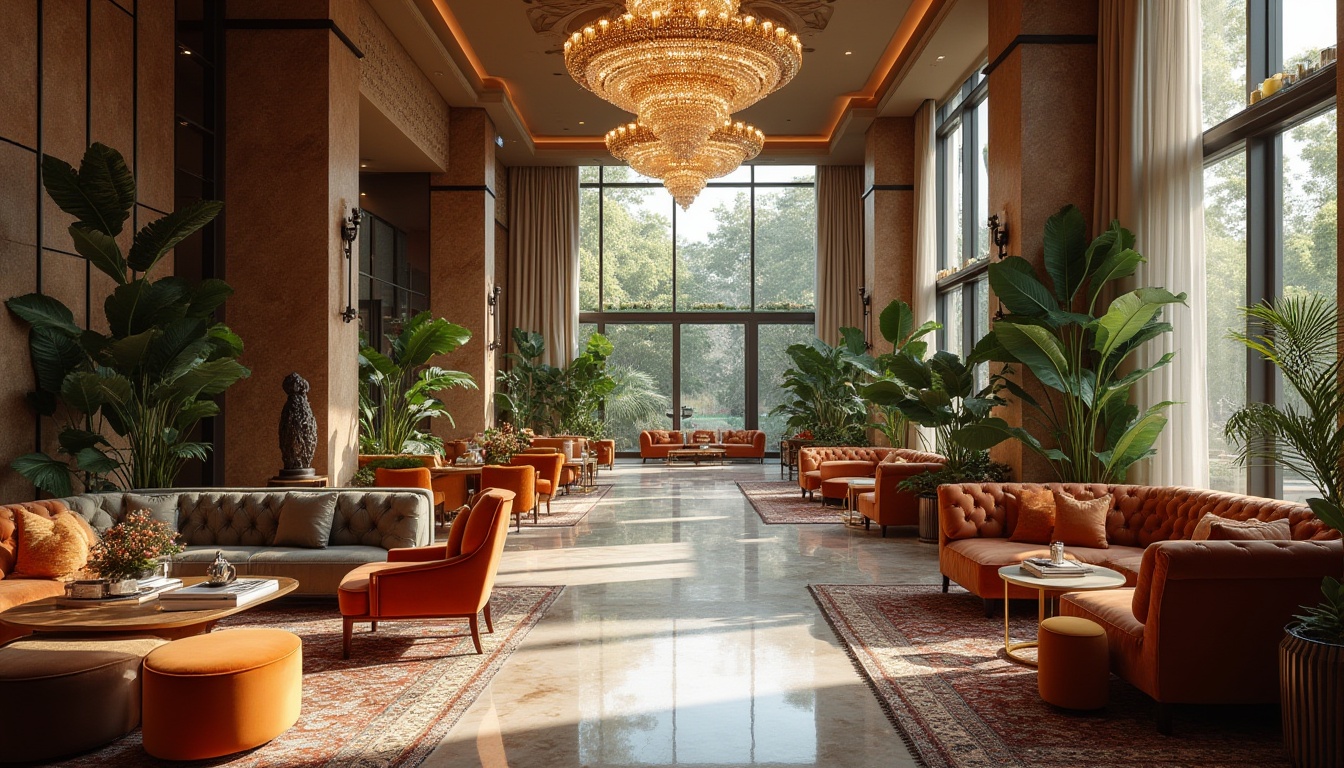 Prompt: Luxury hotel lobby, grand chandelier, eclectic furniture, velvet sofas, marble floors, intricate patterns, bohemian decor, lush greenery, natural light pouring in, warm ambiance, inviting atmosphere, comfortable seating areas, unique sculptures, modern art pieces, luxurious textures, elegant lines, sophisticated colors, warm lighting, 3/4 composition, soft focus.