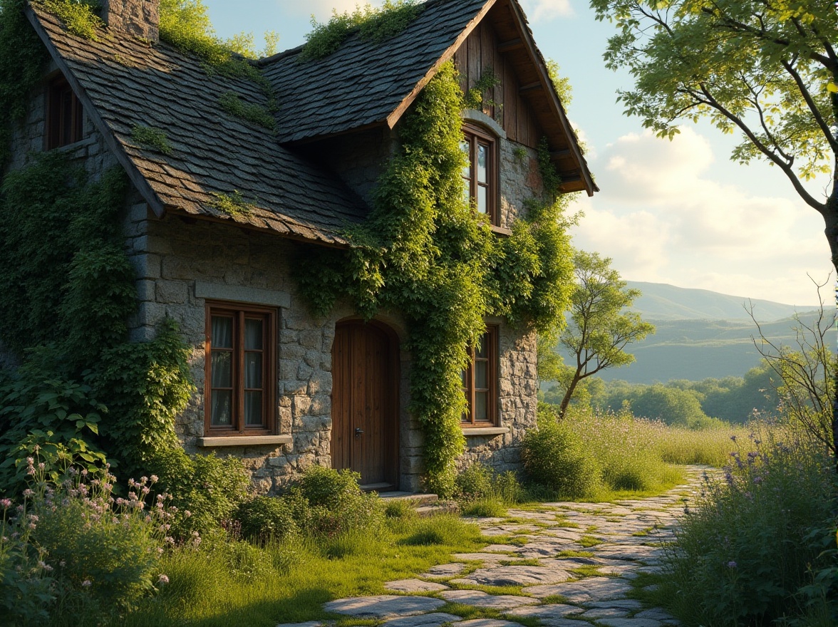 Prompt: Rural social housing, moss green walls, wooden windows, vines crawling up exterior, rustic door, overgrown garden, wildflowers blooming, old stone pathway, natural surroundings, serene atmosphere, soft warm lighting, afternoon sun, gentle breeze, distant rolling hills, few white clouds, ambient sounds of nature, peaceful composition, cinematic color palette.