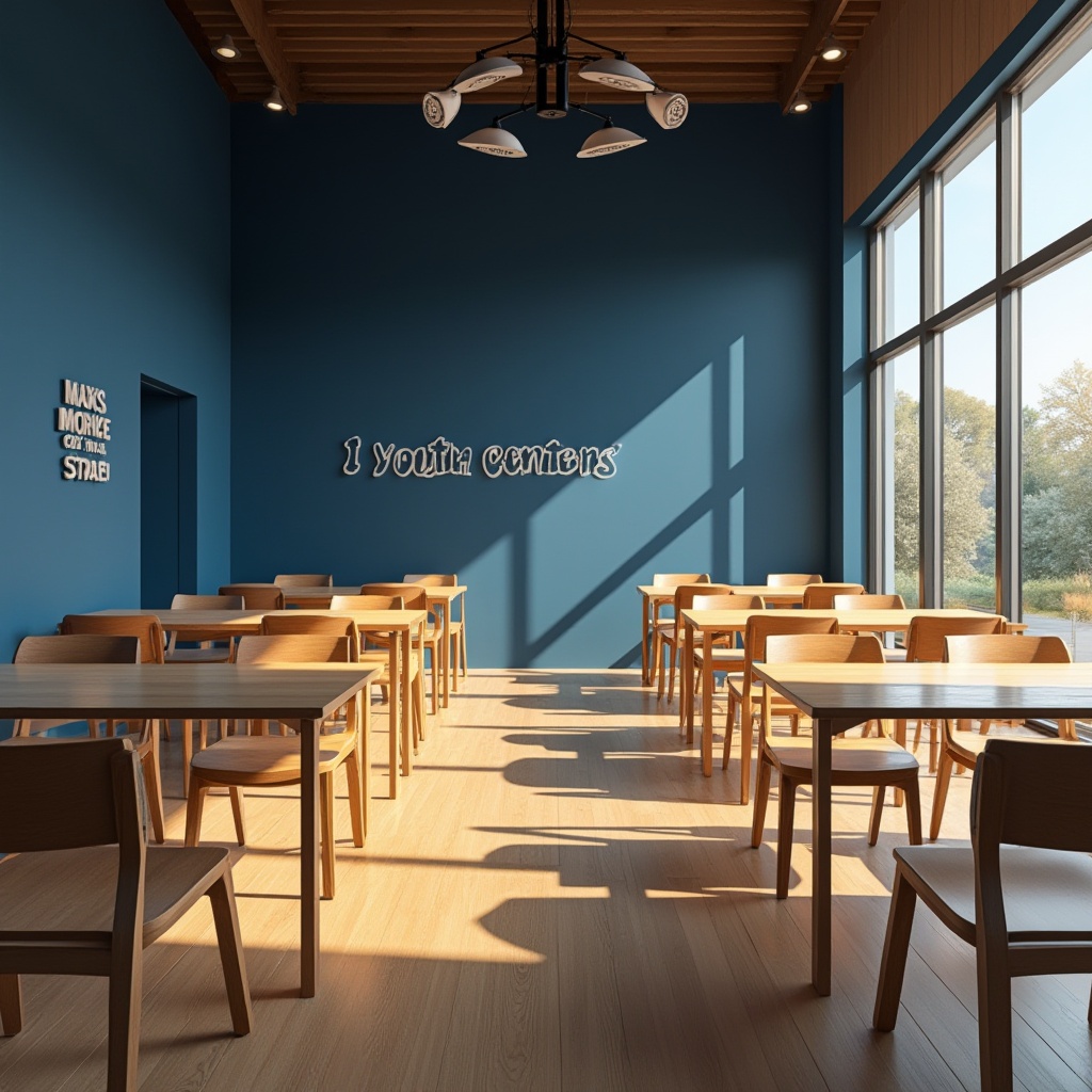 Prompt: Youth center interior, navy blue walls, wooden floor, natural light pouring through large windows, rows of wooden chairs, minimalist tables, motivational quotes on walls, calm atmosphere, 3/4 composition, shallow depth of field, warm ambient lighting, soft shadows, modern architecture, clean lines, simplicity, functionality.