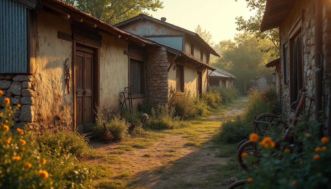 Prompt: corrugated iron, vernacular architecture, rustic rural setting, old farmhouse, worn wooden doors, rusty metal roofs, distressed stone walls, overgrown gardens, wildflowers blooming, vintage agricultural tools scattered, afternoon sun casting long shadows, warm golden light, cinematic composition, shallow depth of field, nostalgic atmosphere, soft focus, film grain texture.