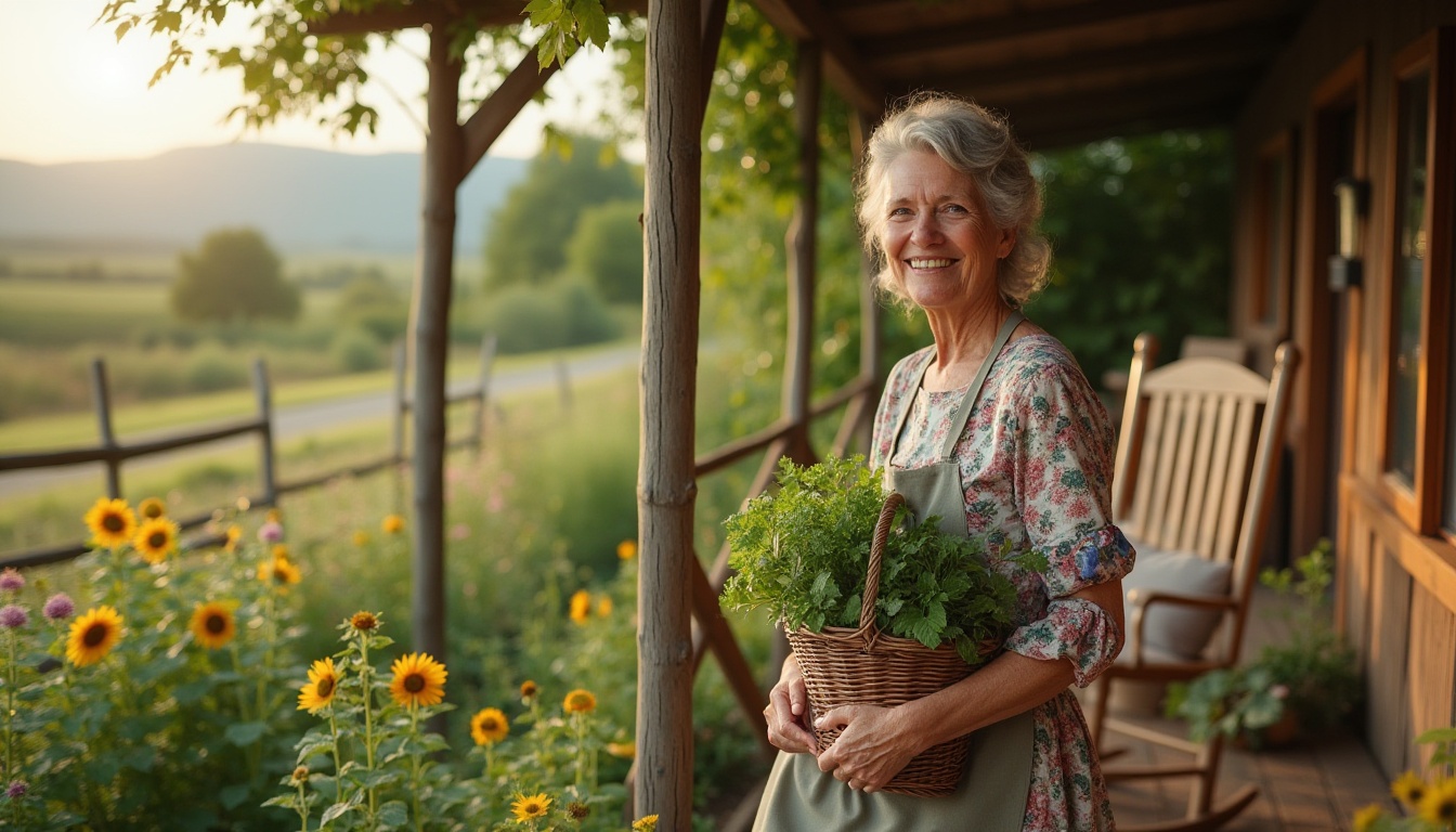 Prompt: Rural landscape, traditional farmhouse, wooden porch, rocking chair, grandma, 60yo, gray hair, wrinkles, gentle smile, floral pattern dress, apron, holding a basket of fresh vegetables, standing near a garden, surrounded by lush greenery, sunflowers, wildflowers, rustic fence, countryside road, hills in the distance, warm afternoon sunlight, soft focus, natural colors, peaceful atmosphere, 3/4 composition.