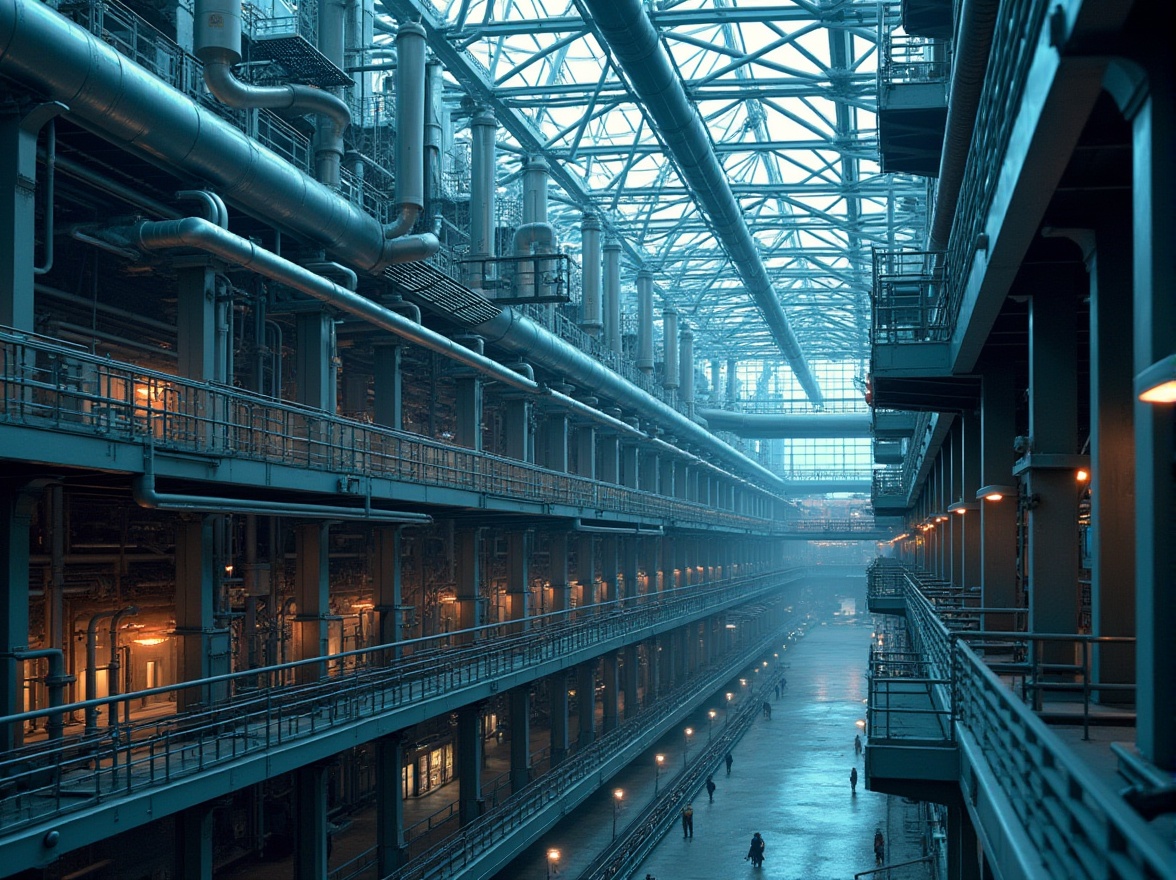 Prompt: Modern energy plant, structuralism style, futuristic, industrial, metallic latticework, complex pipes, steam vents, turbine hall, control room, catwalks, staircases, concrete foundation, steel beams, glass roof, natural light, urban landscape, cityscape, blue hour, dramatic lighting, low-angle shot, cinematic composition.