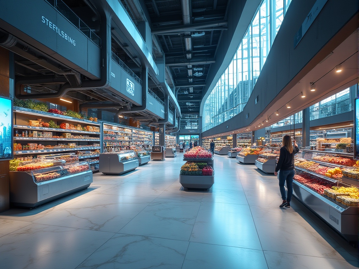 Prompt: Modern grocery store interior, futuristic ambiance, sleek lines, LED lights, holographic advertisements, interactive kiosks, self-service checkout counters, robotic shopping assistants, transparent glass shelves, minimalist product displays, metallic accents, polished marble floors, angular architecture, high ceilings, natural light pouring in through skylights, 3/4 composition, wide-angle shot, cinematic lighting, depth of field, vivid colors, realistic textures.