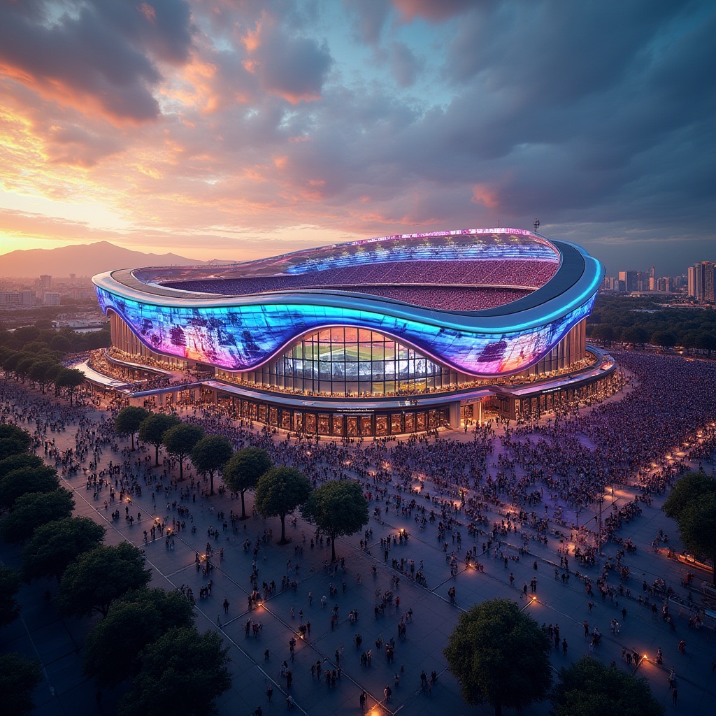 Prompt: Stadium architecture, massive structure, vibrant colors, bold design, dynamic curves, sleek lines, modern materials, glass facade, metallic accents, bright lighting, electric atmosphere, crowded seats, enthusiastic spectators, sports event, evening scene, cityscape backdrop, urban landscape, dramatic clouds, warm sunset glow, low-angle shot, wide composition, high-contrast lighting.