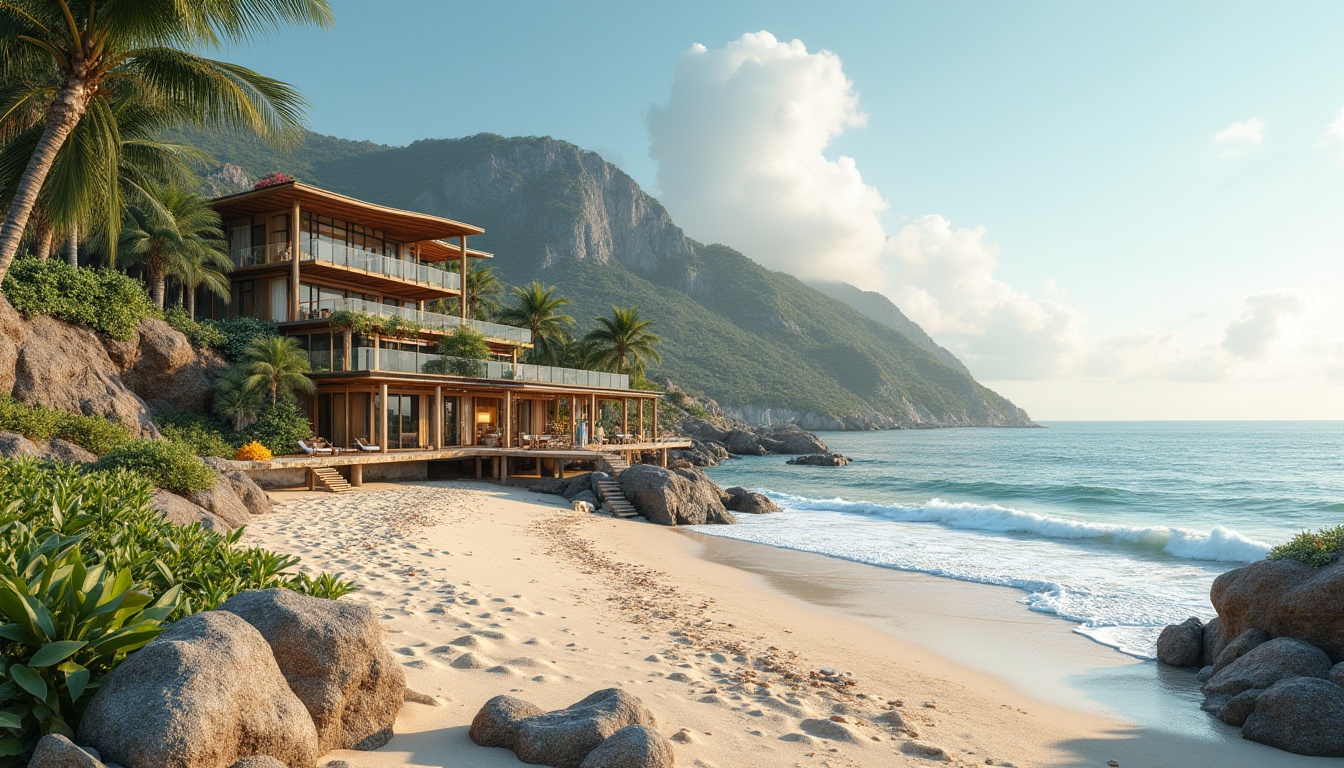 Prompt: Eco-friendly beach resort, sustainable architecture, wooden pier, solar panels, wind turbines, recycled materials, green roof, living walls, coastal dunes, native plants, driftwood sculptures, sea shells, beach rocks, gentle ocean waves, serene atmosphere, warm sunlight, soft breeze, panoramic view, 3/4 composition, natural lighting.