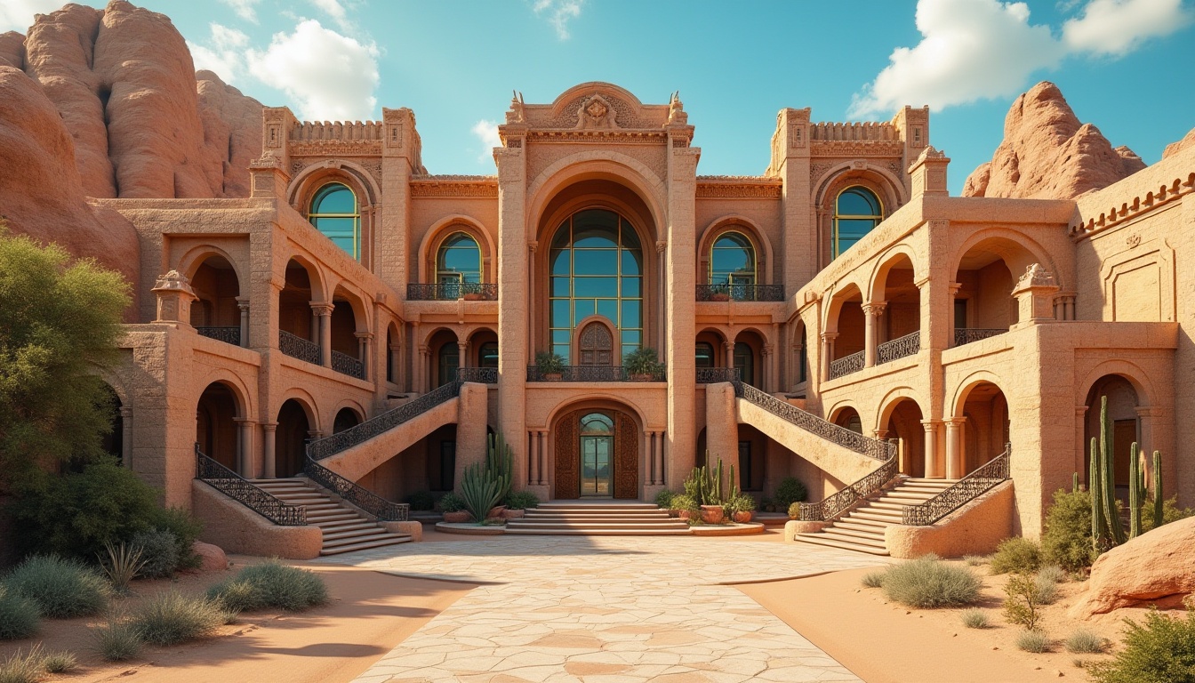 Prompt: Canyon-inspired building, grandiose entrance, carved stone walls, intricate arches, majestic columns, ornate facades, vibrant turquoise accents, warm golden lighting, rustic wooden doors, curved staircases, sprawling verandas, desert landscape, sandy dunes, cacti, rock formations, clear blue sky, dramatic shadows, cinematic composition, low-angle shot, natural textures, earthy tones.