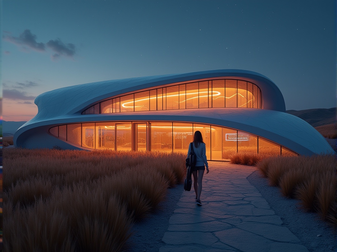 Prompt: Futuristic performing arts center, rural area, modern architecture, sleek lines, glass façade, LED lights, evening, starry sky, rolling hills, surrounded by wheat fields, solo figure, young woman, casual outfit, holding a violin case, walking towards the entrance, warm lighting, dramatic shadows, 3/4 composition, low-angle shot, cinematic atmosphere, vibrant colors, abstract patterns on the building's walls, reflecting the beauty of rural landscapes.