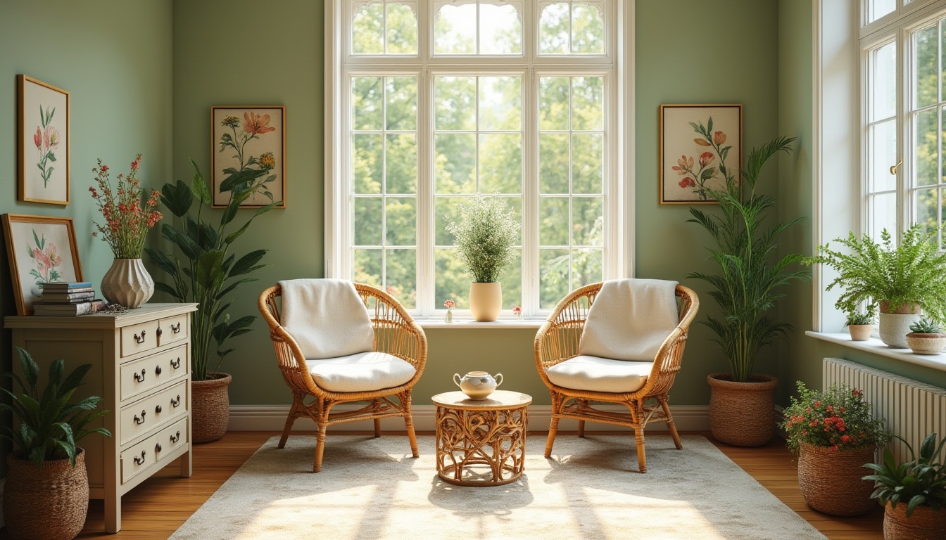 Prompt: Meadow inspired interior, bright natural light, large windows, soft green walls, flower patterned rug, wooden floorboards, vintage botanical prints, woven basket furniture, rattan chairs, linen upholstery, potted plants, wildflowers in vase, nature inspired decor, earthy tones, cozy reading nook, warm afternoon sunlight, 3/4 composition, soft focus, shallow depth of field.