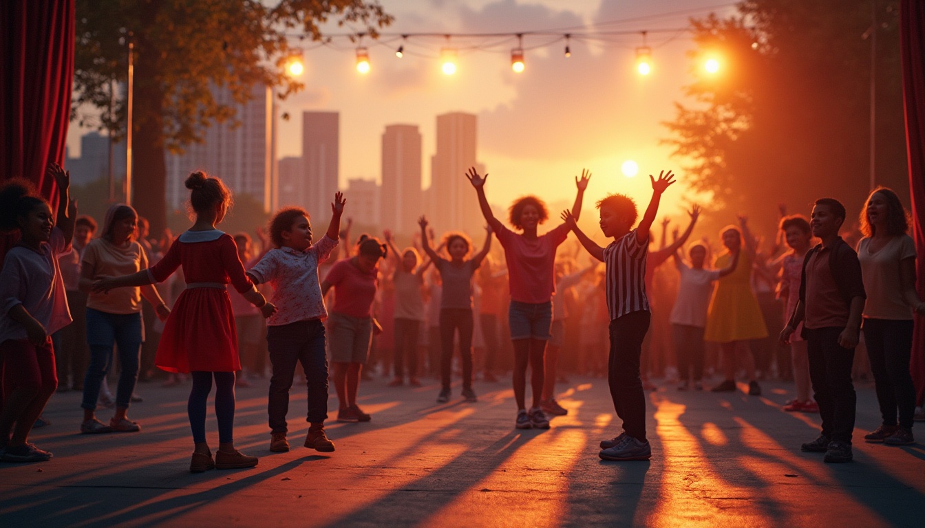 Prompt: Vibrant community center, evening time, warm lighting, diverse group of people, adults and children, different ethnicities, colorful costumes, musical instruments, dance props, stage with curtains, cityscape in the background, skyscrapers, urban feel, dynamic composition, shallow depth of field, bokeh effect, soft focus on background, dramatic spotlights, joyful atmosphere.