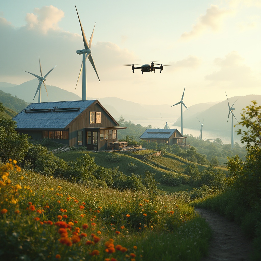 Prompt: Rustic rural landscape, futuristic high-tech farmhouse, sleek modern windmills, solar panels on rooftops, verdant green hills, wildflowers blooming in vibrant colors, drone flying overhead, monitoring crops, autonomous farming robots, advanced hydroponics system, gleaming metallic pipelines, luxurious glass greenhouse, serene lake in the distance, misty morning atmosphere, warm soft lighting, cinematic composition, 3/4 view angle.