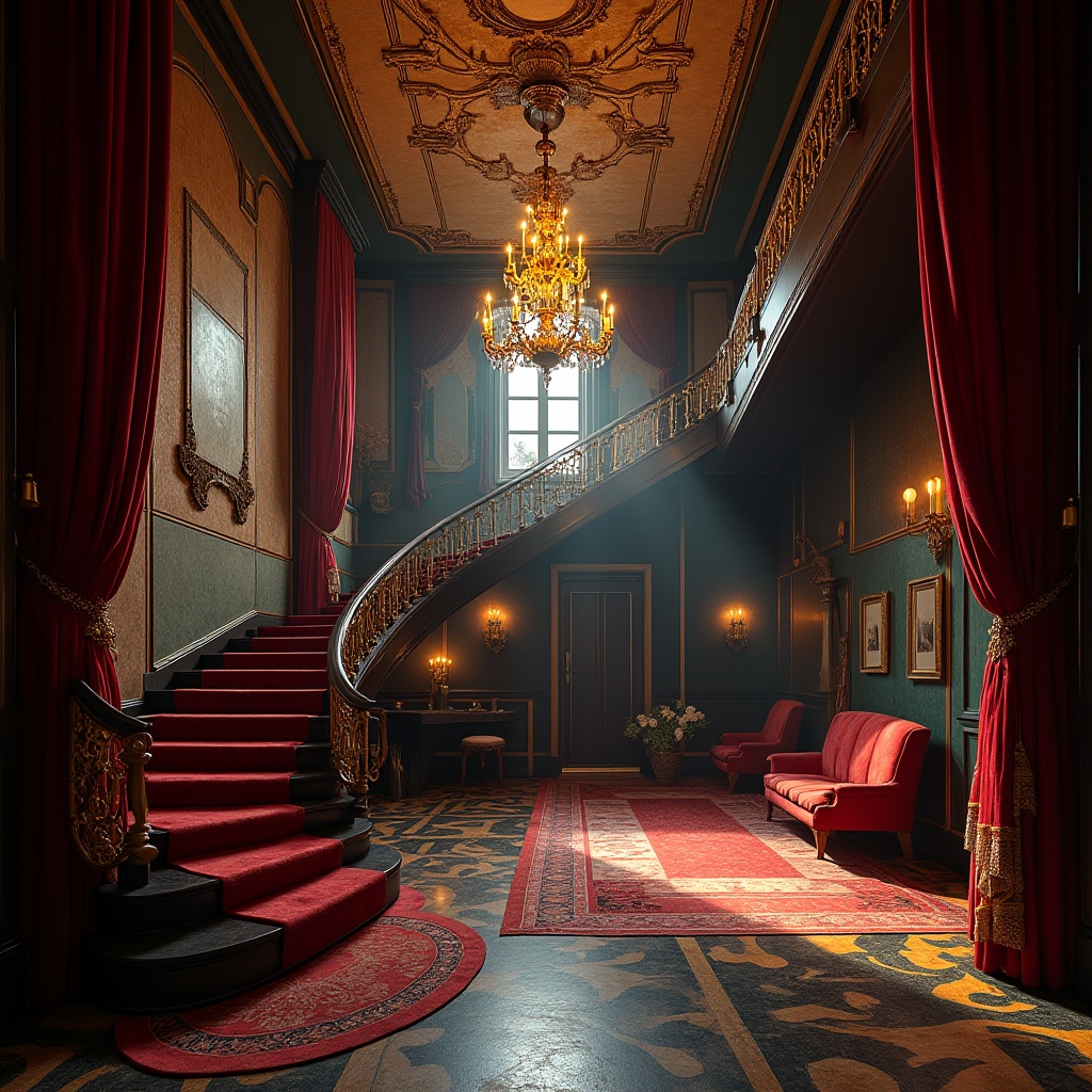 Prompt: Theater-inspired residence, expressionist architecture, grand staircase, ornate chandelier, luxurious velvet curtains, dramatic lighting, bold color palette, abstract patterns on walls and floor, avant-garde furniture, artistic sculptures, eclectic decorative objects, 3/4 composition, low-angle shot, cinematic lighting, mysterious atmosphere, eerie shadows, intense contrast, high-drama setting, opulent materials, lavish textures.