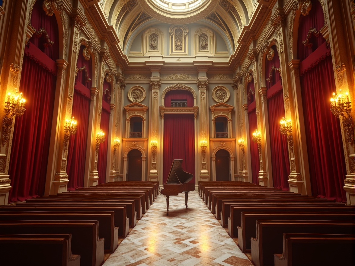 Prompt: Grand auditorium, classicism style, elegant architecture, intricately designed columns, ornate golden details, marble floors, high ceilings, chandeliers, red velvet curtains, luxurious wooden seats, grand piano, spotlights, warm soft lighting, 3/4 composition, low-angle shot, symmetrical framing, dramatic shadows, sense of opulence, refined atmosphere, historical landmark, Renaissance-inspired design elements.