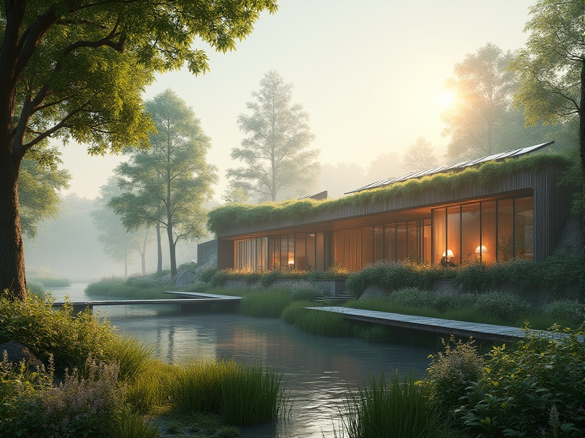 Prompt: Ecological architecture, harmonious integration, wetland environment, serene atmosphere, modern sustainable building, green roof, solar panels, wooden accents, large windows, natural ventilation, surrounded by lush vegetation, tall trees, diverse flora, misty morning, warm sunlight filtering through leaves, gentle water flow, stone pedestrian path, birdwatching platform, panoramic view, 3/4 composition, shallow depth of field, cinematic lighting.