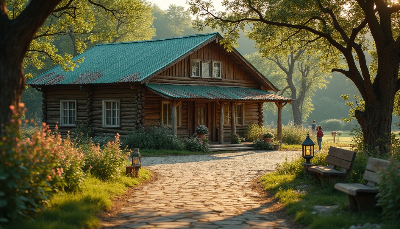 Prompt: Rural community center, rustic wooden exterior, green roof, surrounded by lush greenery, blooming wildflowers, old trees with twisted branches, few villagers chatting outside, warm afternoon sunlight, soft shadows, worn stone path leading to the entrance, old wooden benches, vintage metal lanterns, natural textures, earthy colors, cozy atmosphere, 3/4 composition, warm lighting, shallow depth of field, cinematic mood.