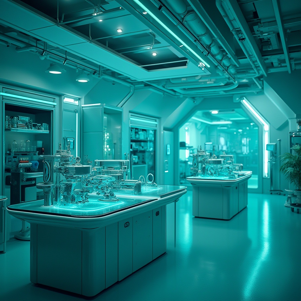 Prompt: Teal-colored, futuristic, high-tech laboratory interior, sleek glass tables, metal equipment, minimalist decor, modern architecture, bright teal accents, glowing neon lights, reflective surfaces, sharp angles, close-up of scientific instruments, shallow depth of field, abstract composition, bold contrast, vibrant colors, HDR rendering.