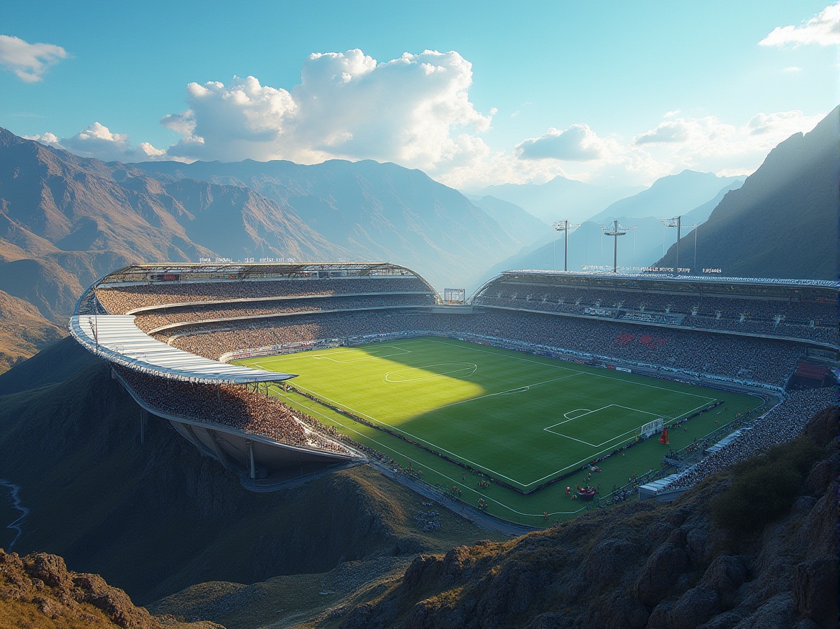 Prompt: High-altitude stadium, plateau landscape, majestic mountain range background, clear blue sky, few puffy white clouds, strong sunlight casting long shadows, rugged terrain, steep slopes, winding roads, sparse vegetation, rocky outcrops, metal beams, concrete structure, retractable roof, transparent glass walls, vibrant green artificial turf, bright yellow goalposts, white stadium seats, enthusiastic crowd, cheering fans, dramatic floodlights, warm sunset glow, aerial panoramic view, 3/4 composition, soft focus on distant mountains.