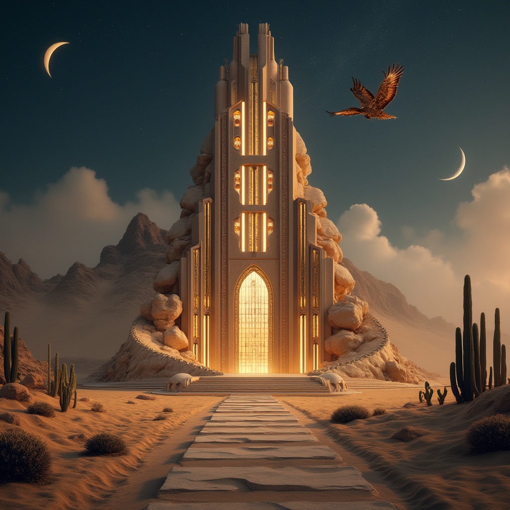 Prompt: Futuristic desert monument, innovative architecture, majestic entrance, intricate sandstone carvings, metallic accents, gleaming glass surfaces, spiral staircase, imposing pillars, vast open spaces, starry night sky, crescent moon, dramatic spotlighting, misty atmosphere, sandy dunes, cacti scattered, majestic eagle soaring overhead, warm golden lighting, cinematic composition, 3/4 view, symmetrical framing.