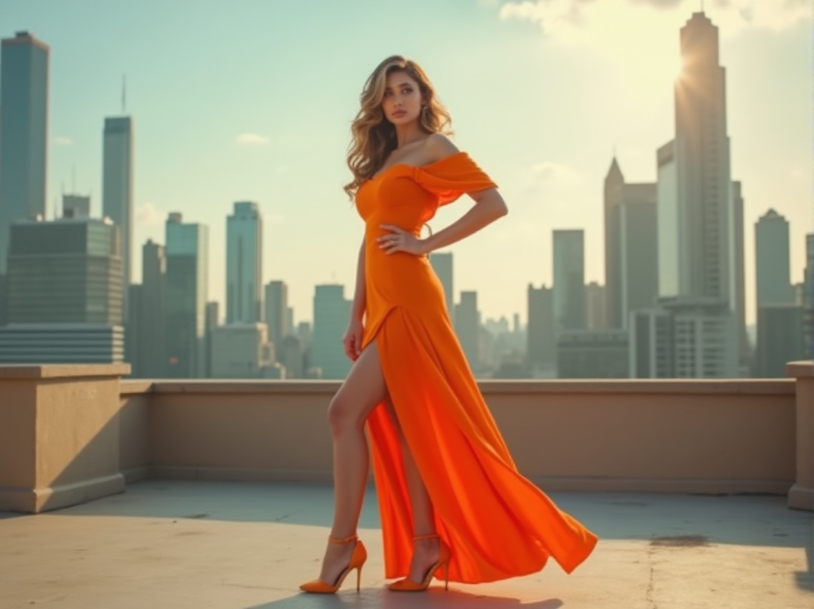 Prompt: Vibrant persimmon orange dress, bold shoulders, off-the-shoulder sleeves, tight waist, flared skirt, high heels, confident woman, standing, one hand on hip, city rooftop, modern skyscraper background, sunny afternoon, warm lighting, shallow depth of field, cinematic composition.