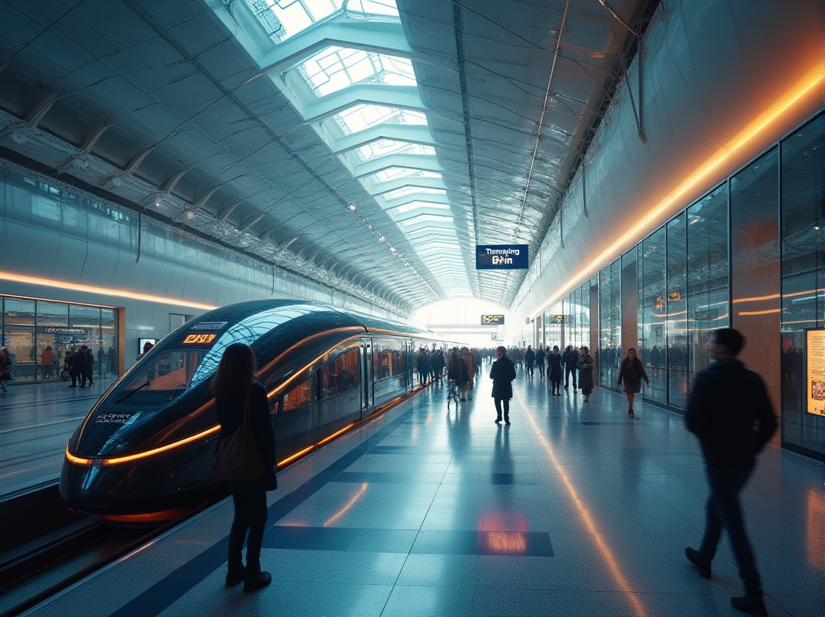 Prompt: Futuristic transportation hub, sleek modern architecture, angular lines, metallic materials, glass facades, LED lighting, bustling atmosphere, people in motion, blurred movement, urban landscape, cityscape, metropolitan area, morning rush hour, soft natural light, 3/4 composition, shallow depth of field, dynamic angles, cinematic mood.