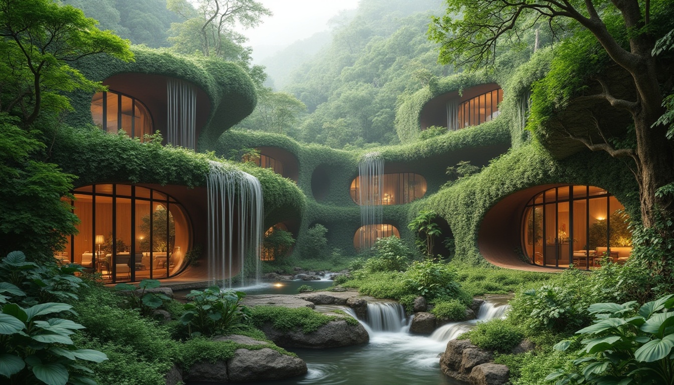 Prompt: Inspired by nature, abstract concept, integrating surroundings into design, futuristic architecture, eco-friendly buildings, green walls, vines crawling up walls, wooden accents, natural materials, organic shapes, curved lines, earthy tones, moss-covered roofs, waterfall feature, lush vegetation, tropical plants, misty atmosphere, warm lighting, soft focus, 3/4 composition, cinematic mood.