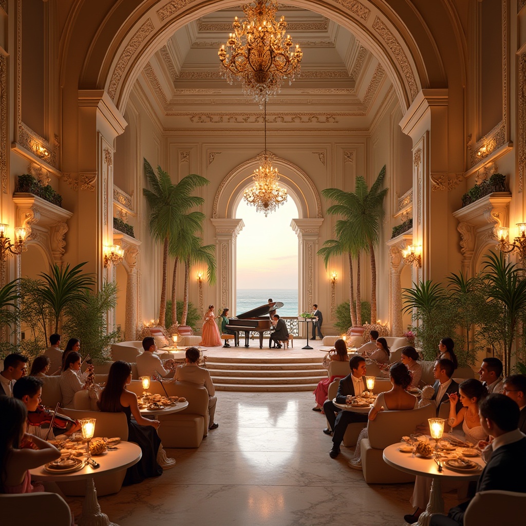 Prompt: Baroque music venue, island-themed, luxurious interior design, ornate gold decorations, velvet drapes, crystal chandeliers, marble floors, tropical plants, palm trees, floral patterns, pastel color scheme, soft warm lighting, grand piano center stage, golden harp, violinists in 18th-century attire, audience in formal wear, seated at candle-lit tables, ocean view backdrop, sunset ambiance, warm breeze, seashells and starfish decor, intricate carvings, plush sofas, intimate setting, dramatic archways, majestic staircase.