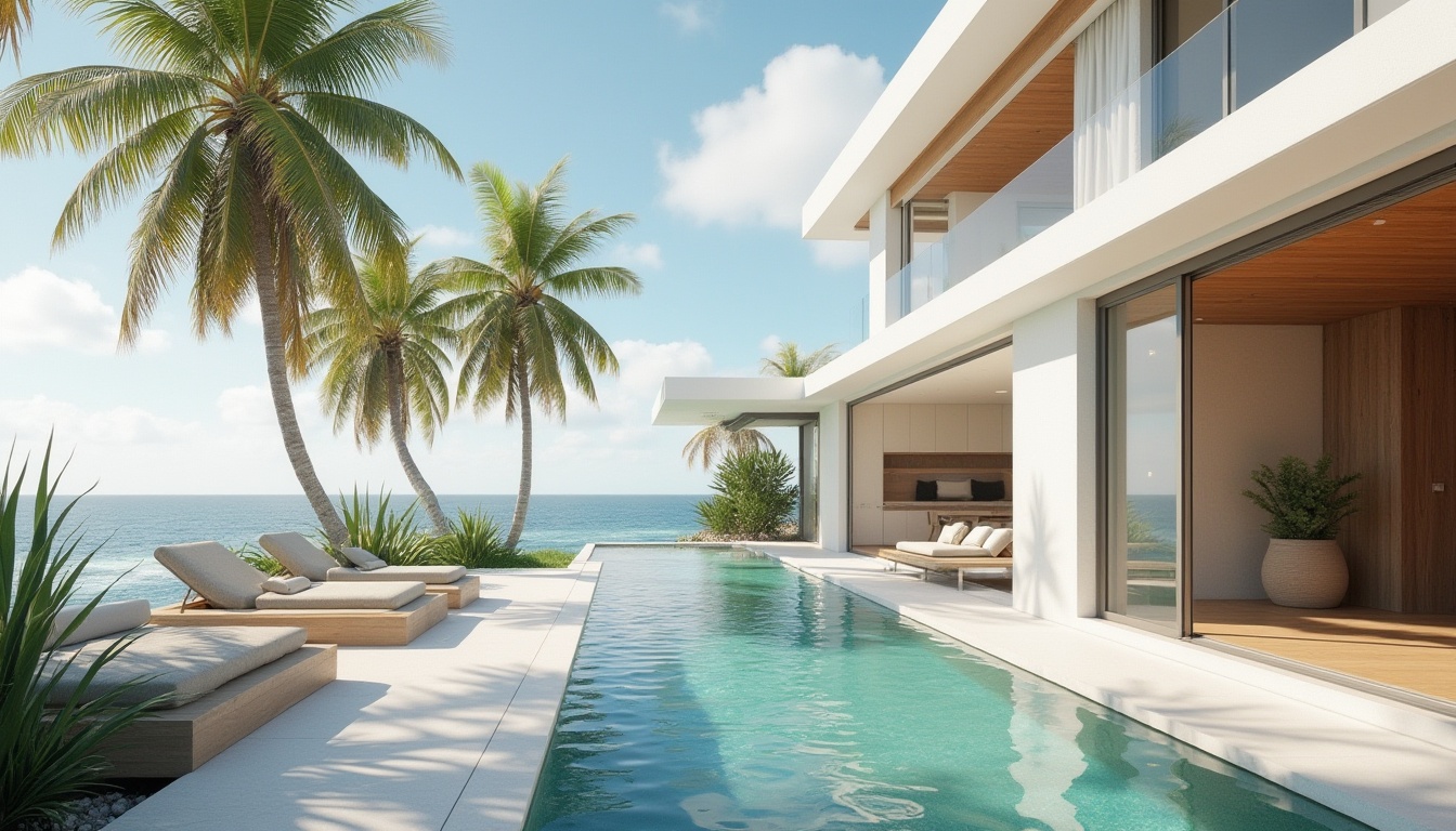 Prompt: Modern beach villa, luxurious, tropical, minimalist, white walls, large windows, sliding glass doors, outdoor pool, infinity edge, ocean view, palm trees, succulent plants, natural stone flooring, wooden accents, sleek lines, minimalist decor, calming color palette, soft natural lighting, warm ambient glow, 3/4 composition, cinematic perspective, shallow depth of field.