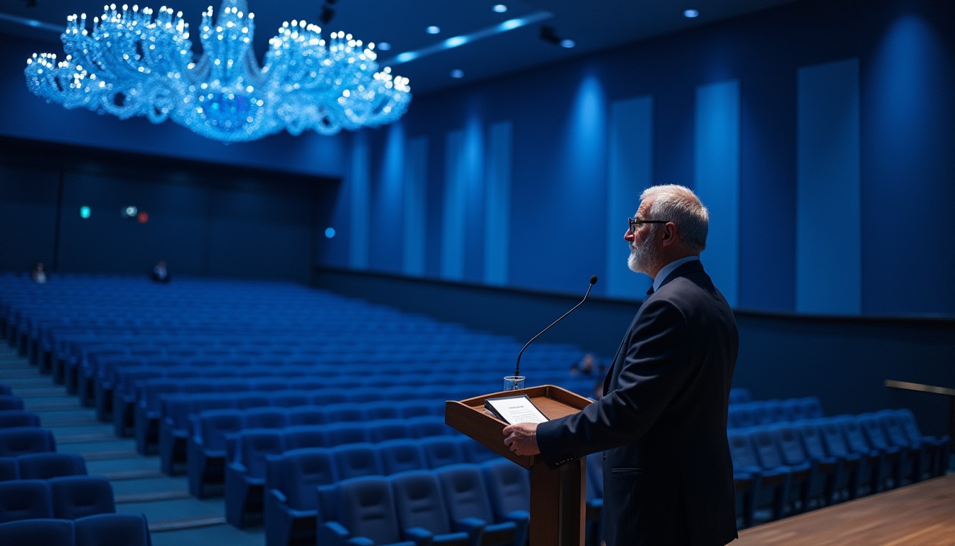 Prompt: Modern auditorium, blue accent walls, rows of seats with blue velvet upholstery, grand chandelier with blue crystals, blue LED stage lights, lecturer at podium, solo, mature man, glasses, beard, suit and tie, wooden floor, carpeted aisles, curved ceiling, subtle gradient blue tone on ceiling, morning softbox lighting, 3/4 composition, cinematic atmosphere.