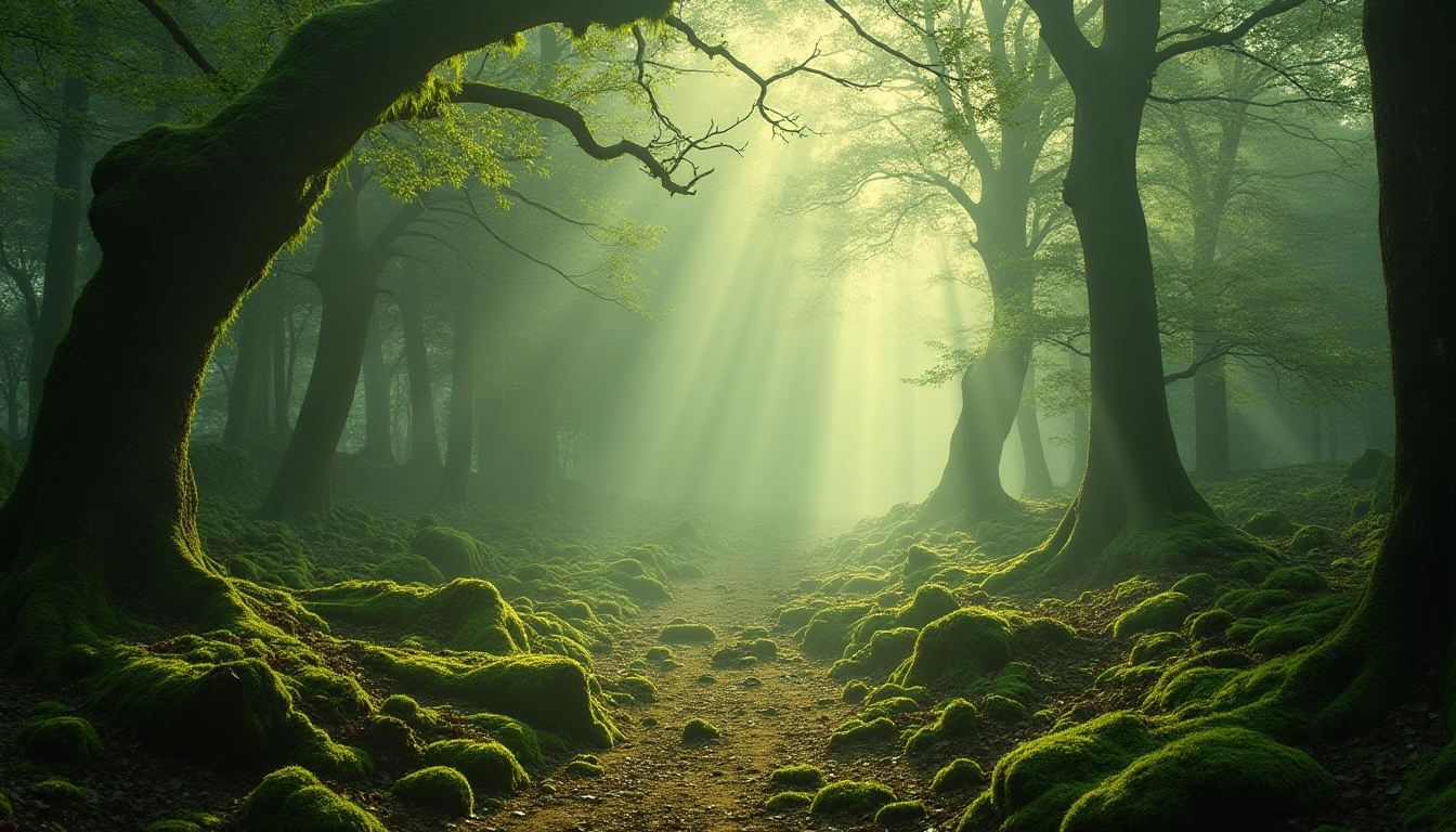 Prompt: Moss green, calming atmosphere, serene landscape, lush forest, misty morning, soft sunlight filtering through trees, gentle fog, peaceful ambiance, natural scenery, vibrant moss growth, intricate tree branches, wooden accents, earthy tones, rustic textures, warm and cozy lighting, shallow depth of field, intimate composition.