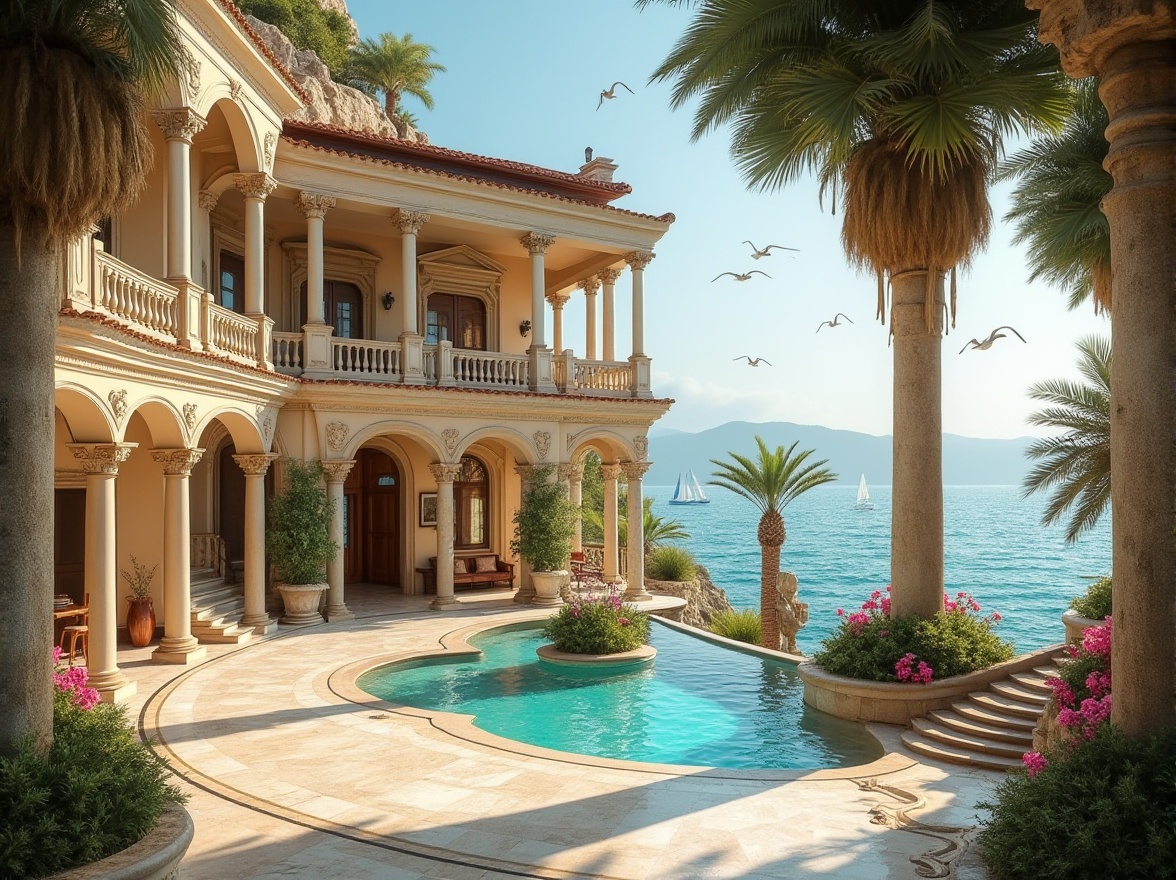 Prompt: Seaside villa, Romanesque architecture, grandiose columns, intricately carved stone walls, ornate balconies, majestic entrance, lavish decorations, warm beige stucco exterior, terracotta roof tiles, lush greenery, palm trees, blooming flowers, winding staircases, elegant archways, cream-colored marble floors, plush furnishings, velvet drapes, golden accents, soft warm lighting, Mediterranean Sea, clear turquoise water, sailboats, seagulls flying overhead, serene atmosphere, cinematic composition, 3/4 view.