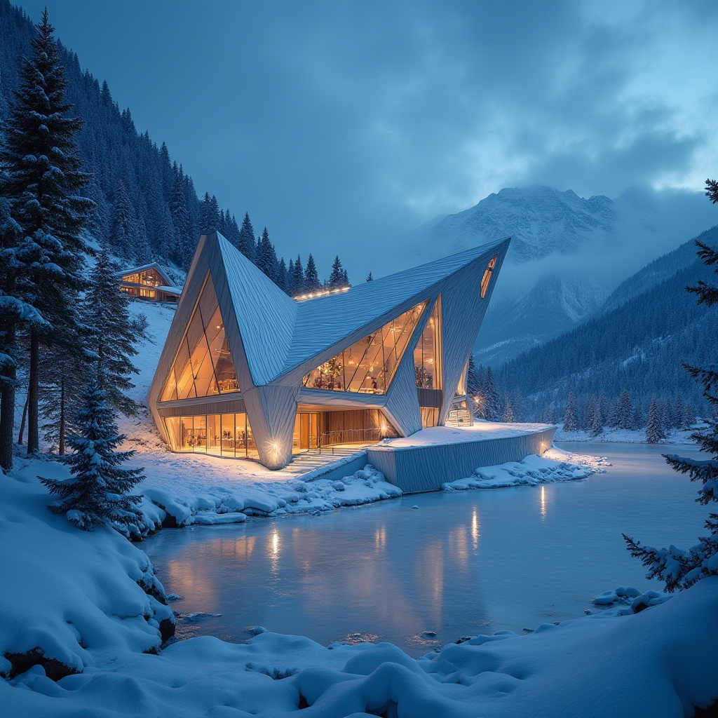 Prompt: Modern ski center, futuristic architecture, corrugated metal facade, silver reflective surface, angular geometric shapes, sleek lines, dynamic lighting, night scene, snow-covered mountains, pine trees, frozen lake, misty atmosphere, low-angle shot, wide-angle lens, high-dynamic-range, cinematic composition.