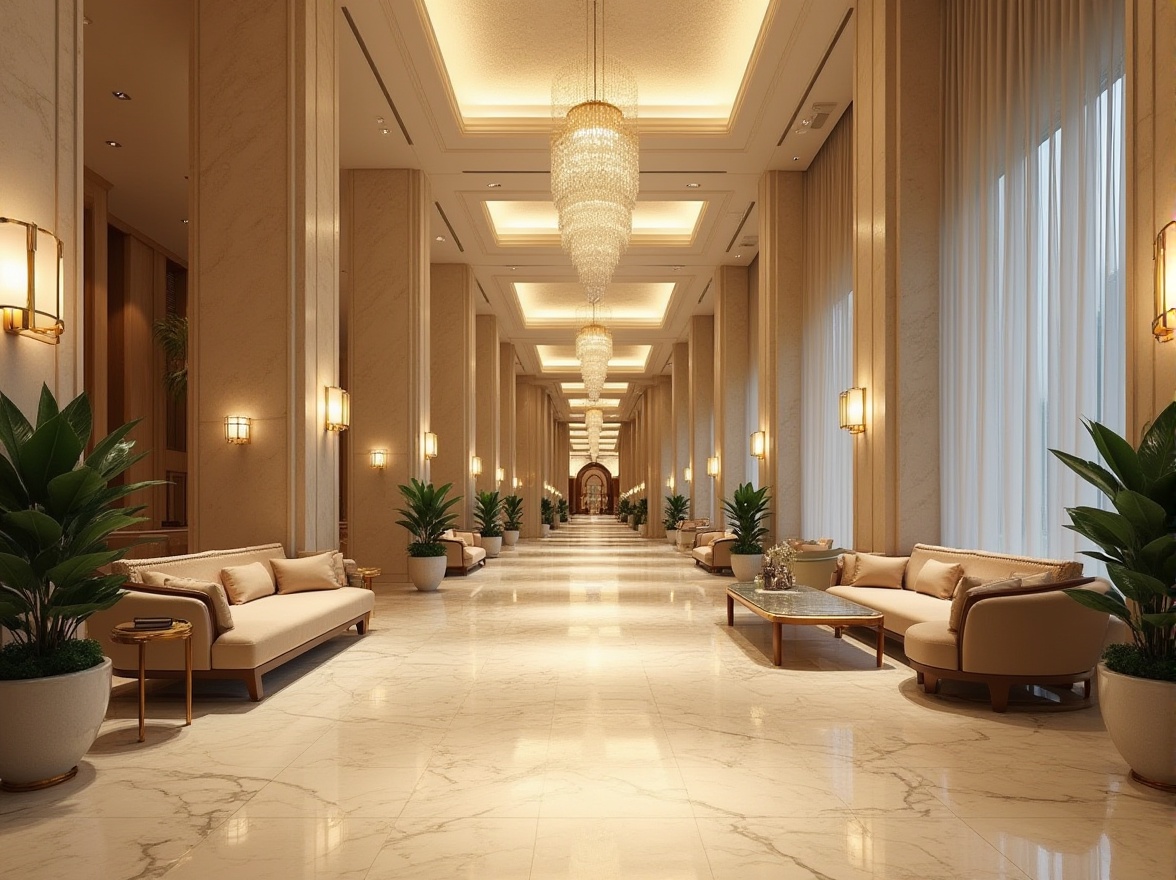 Prompt: Luxurious hotel interior, grand lobby, limestone walls, columns, floors, beige color, veins pattern, polished finish, high ceiling, crystal chandelier, comfortable couches, coffee tables, plants decorations, elegant atmosphere, warm lighting, soft focus, shallow depth of field, modern architecture, 3/4 composition.