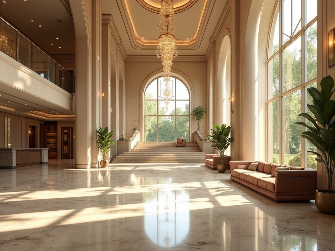 Prompt: Luxurious hotel lobby, limestone walls, marble floors, grand staircase, modern chandelier, sleek reception desk, comfortable sofas, potted plants, natural light pouring through floor-to-ceiling windows, elegant arches, warm beige color scheme, 3/4 composition, shallow depth of field, softbox lighting, afternoon sunbeam, cinematic atmosphere.