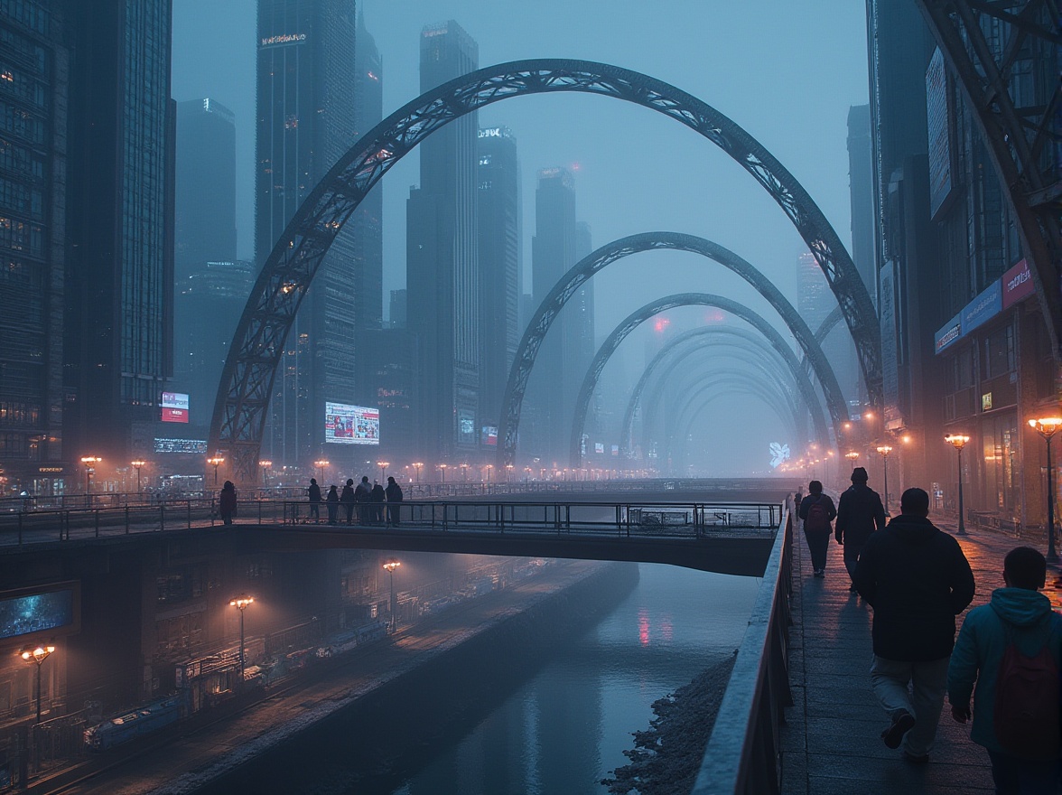 Prompt: Futuristic cityscape, pedestrian bridges connecting skyscrapers, steel arches, glass floors, modern architecture, urban planning, vibrant night lights, misty atmosphere, people walking, holding hands, taking selfies, casual wear, jeans, sneakers, backpacks, warm streetlights, foggy weather, cinematic composition, high-angle shot, 3/4 view, soft focus, bokeh lights.