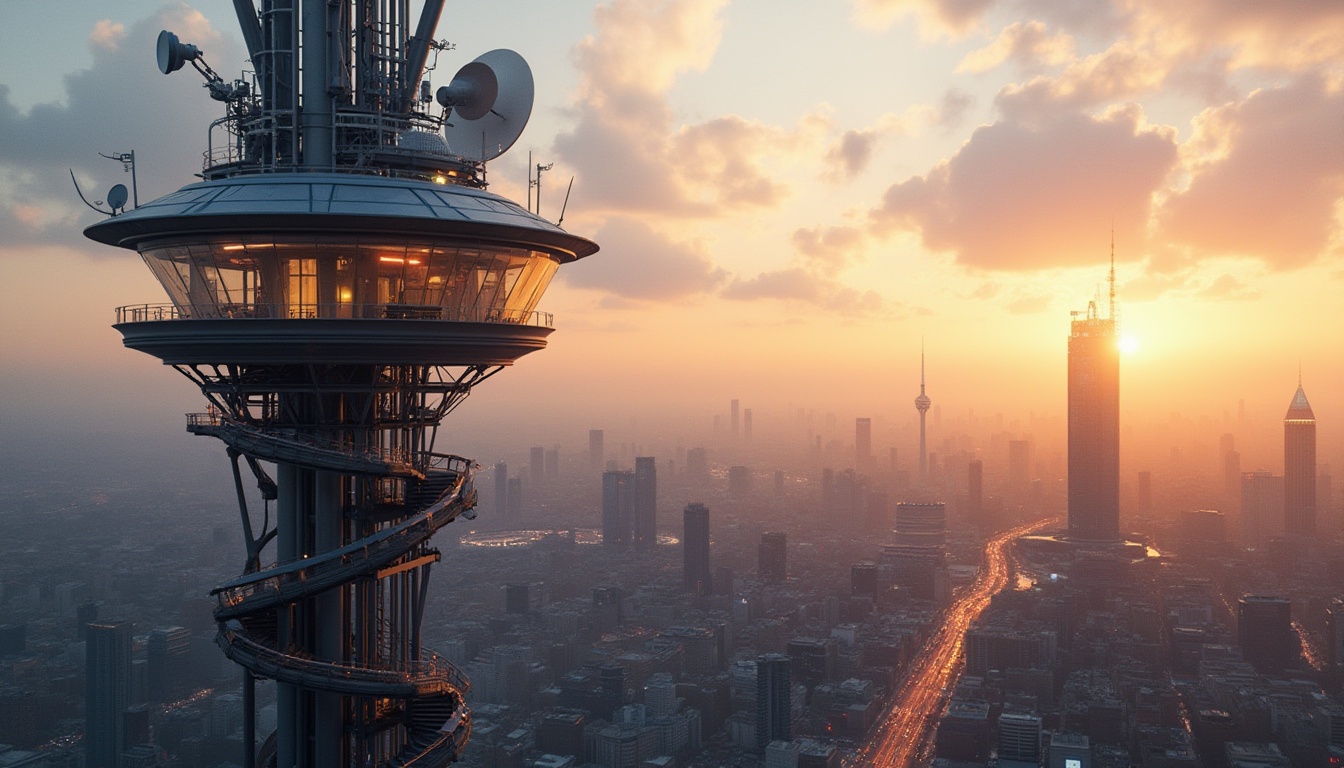 Prompt: Modern watching tower, futuristic architecture, sleek lines, metallic materials, reflective glass surfaces, spiral staircase, high-tech surveillance system, advanced communication equipment, satellite dish, solar panels, wind turbines, panoramic view, urban landscape, cityscape, skyscrapers, busy streets, sunset lighting, warm ambient glow, 3/4 composition, cinematic framing.