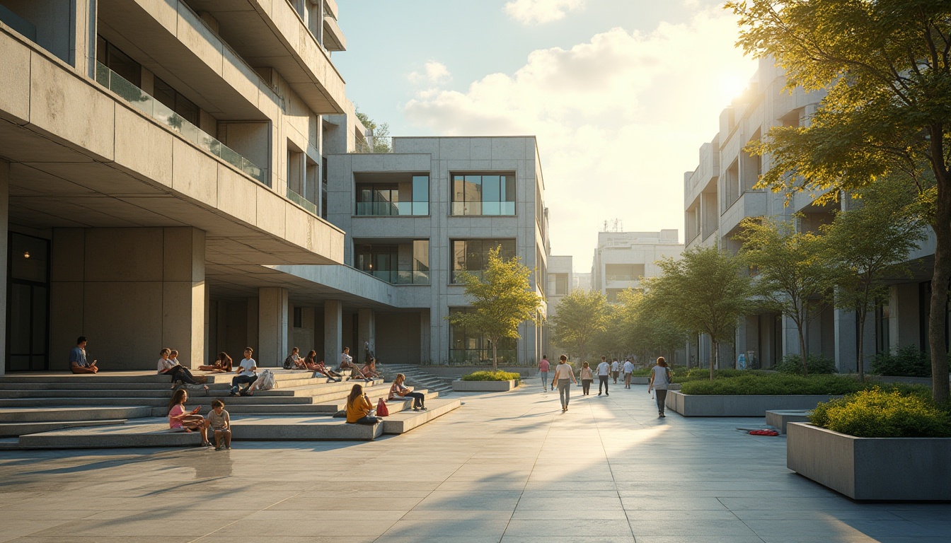 Prompt: Modern university campus, structuralist architecture, brutalist concrete buildings, open plaza, natural light pouring in, students lounging on stairs, greenery overflowing from planters, wooden benches, modern street lamps, warm afternoon sun, low-angle shot, 3/4 composition, shallow depth of field, vibrant colors, geometric shapes, clean lines, minimalist aesthetic.