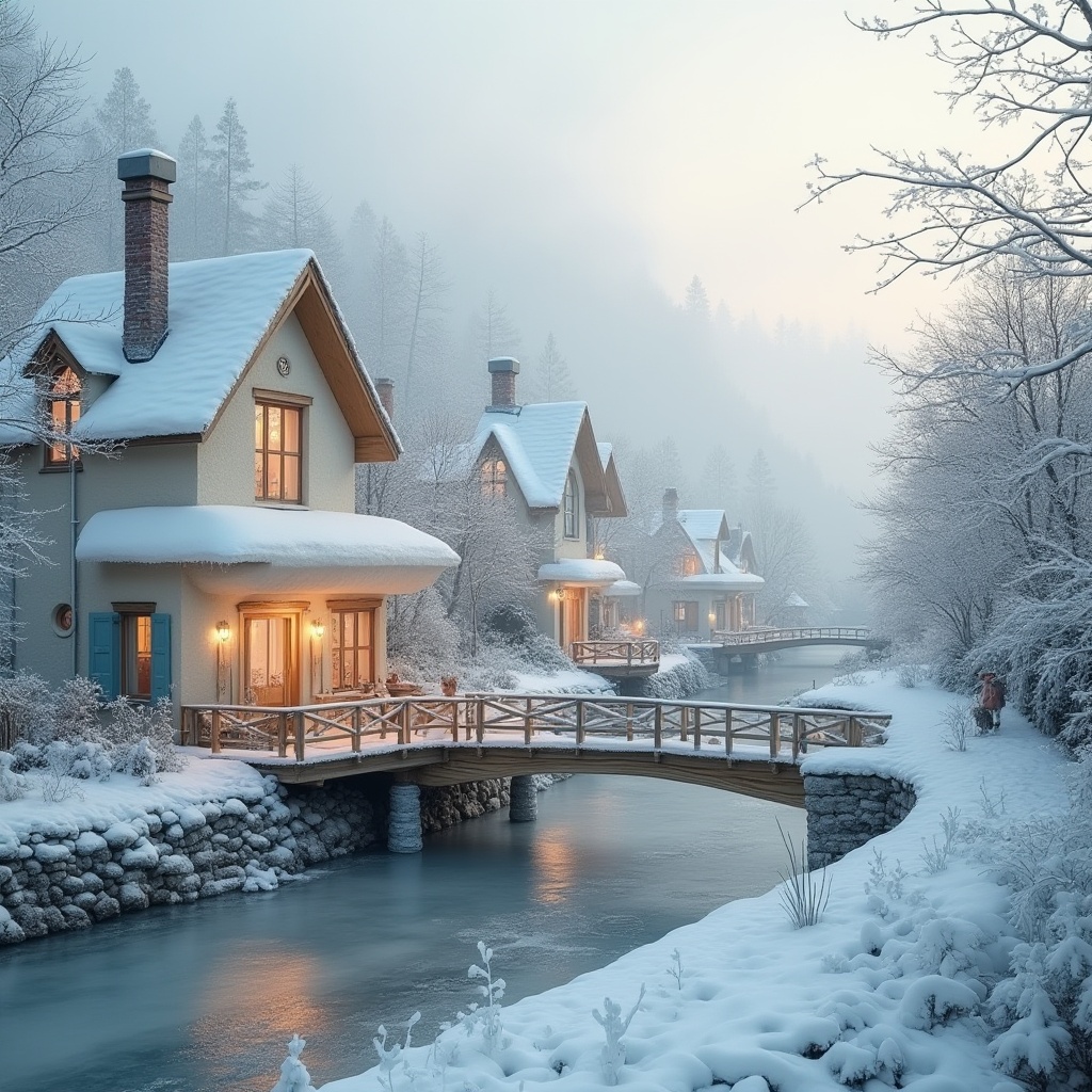 Prompt: Winter riverbank housing design, snow-covered roofs, frozen misty mornings, gentle slope, wooden bridges, ice skating rink, snowy trees, frozen riverside path, frosty windows, smoke rising from chimneys, warm cozy interiors, soft beige walls, creamy white furniture, pale blue accents, icy blue shutters, snowflake-patterned curtains, rustic wooden doors, river-rock grey stones, misty foggy atmosphere, cinematic composition, soft focus, warm lighting.