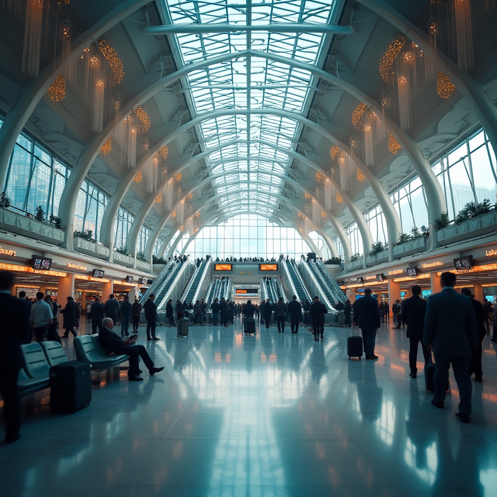 Prompt: Modern transportation hub, busy atmosphere, daytime, glass ceiling, steel beams, escalators, marble floor, grand chandeliers, rush hour crowds, suits, briefcases, luggage carts, airport style benches, electronic departure boards, bright LED lighting, 3/4 composition, shallow depth of field, blurred motion, soft focus, urban landscape, cityscape background, skyscrapers, metropolitan feel.