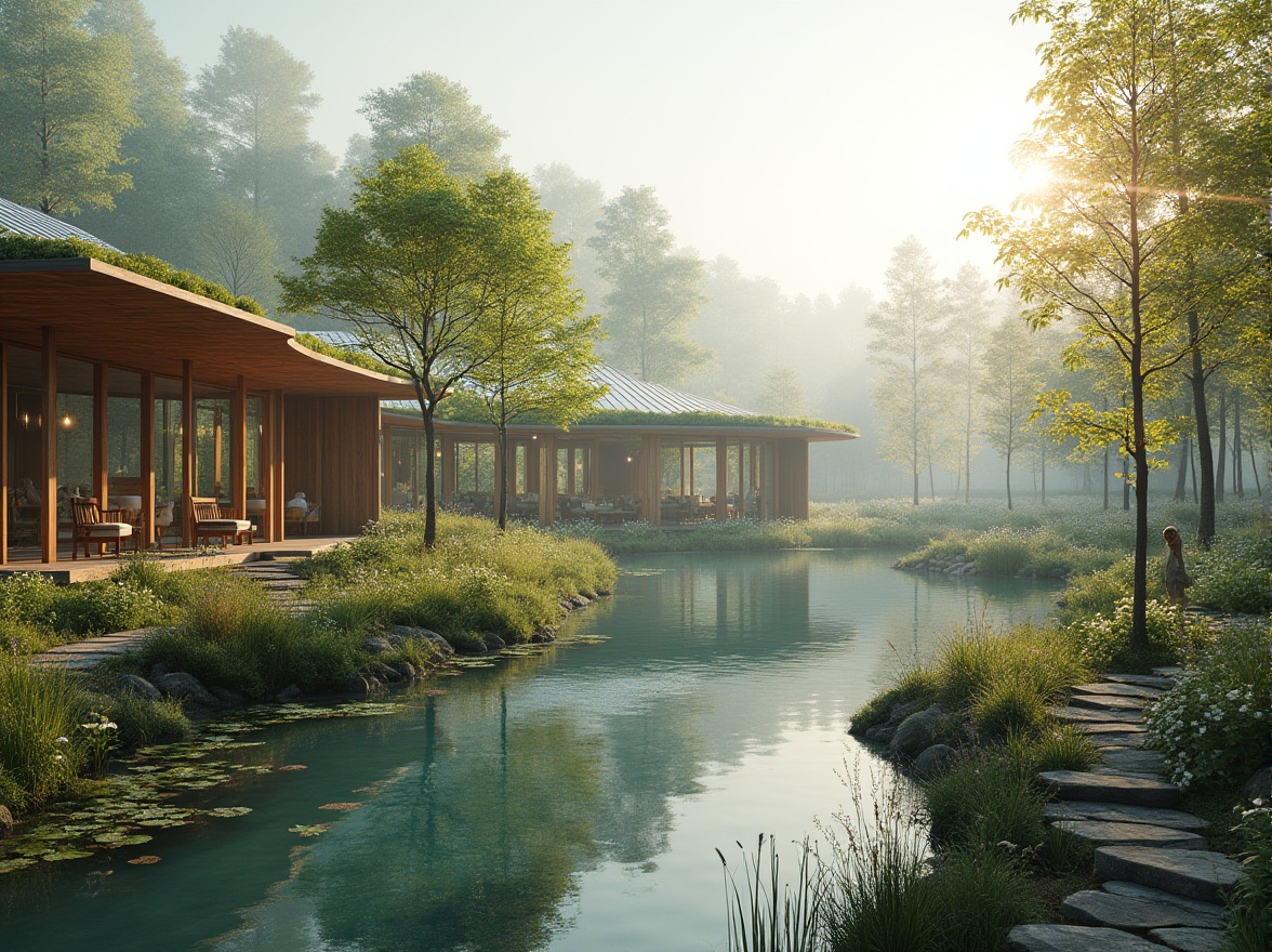 Prompt: Ecological wetland design, modern architecture, curved lines, wooden accents, green roofs, solar panels, floor-to-ceiling windows, natural light, reflective pool, water features, lush vegetation, cattails, reeds, wildflowers, birdhouses, wooden boardwalks, rustic benches, serene atmosphere, soft morning light, misty fog, gentle ripples on the water surface.