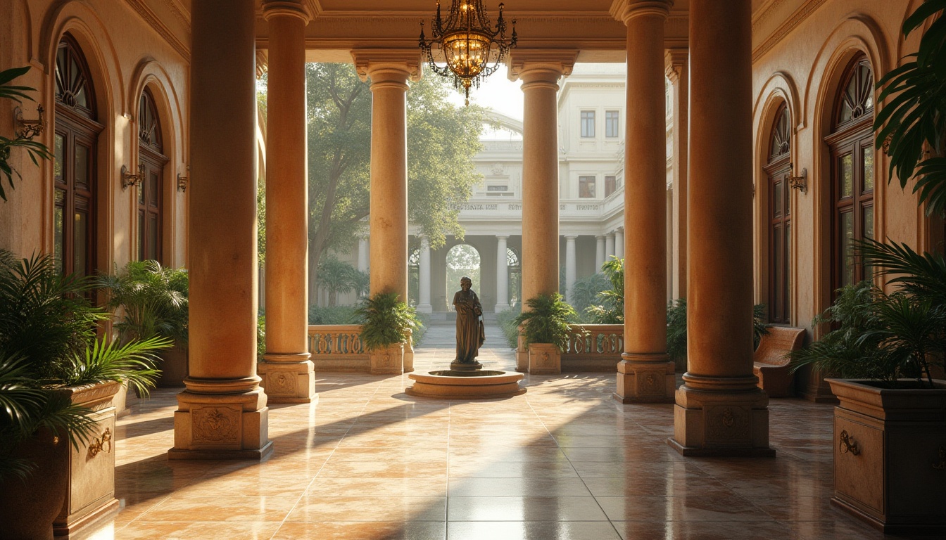 Prompt: Classical school building, incorporating bronze materials, grand entrance, pillars, arches, bronze door handles, bronze statue of a philosopher, lush greenery, fountain, stone benches, intricate bronze railings, warm afternoon sunlight, soft shadows, 3/4 composition, symmetrical framing, warm color tones, marble floors, high ceilings, ornate chandeliers, bronze-accented windows, rustic texture, elegant atmosphere.