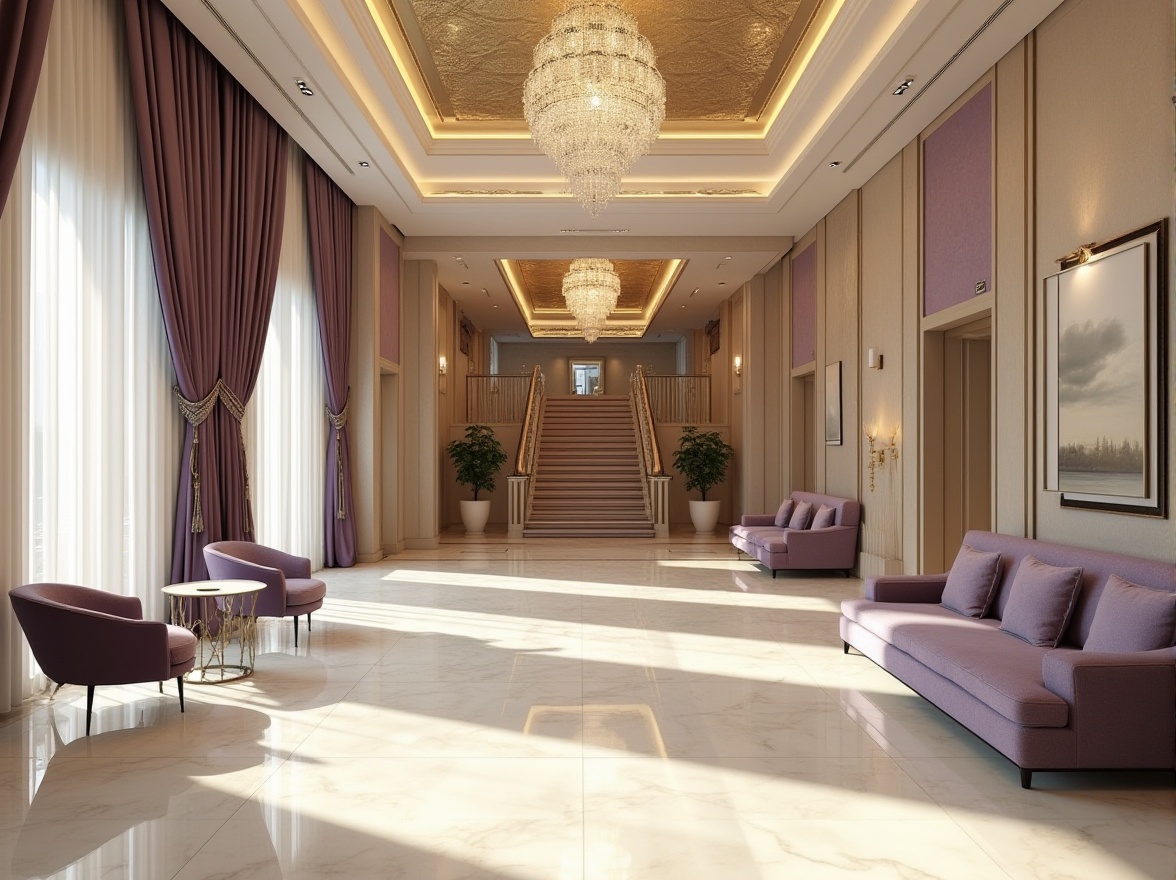 Prompt: Luxurious hotel interior, periwinkle accent wall, creamy white marble floor, modern minimalist furniture, velvet upholstery, gold leaf patterned ceiling, crystal chandelier, lavish drapes, periwinkle and beige striped carpet, elegant lobby, grand staircase, soft warm lighting, afternoon ambiance, 3/4 composition, shallow depth of field, realistic rendering, high-end hotel atmosphere.