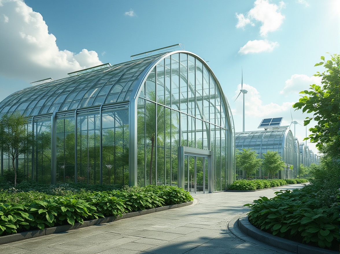 Prompt: Modern greenhouse, steel frame structure, sleek curved lines, large glass panels, natural light pouring in, lush greenery inside, tropical plants thriving, automated irrigation system, misting sprinklers, temperature control, futuristic ambiance, industrial chic, urban agriculture, vertical farming, hydroponics, LED grow lights, reflective insulation, solar panels on rooftop, wind turbines nearby, blue skies above, fluffy white clouds, 3/4 composition, soft natural light.