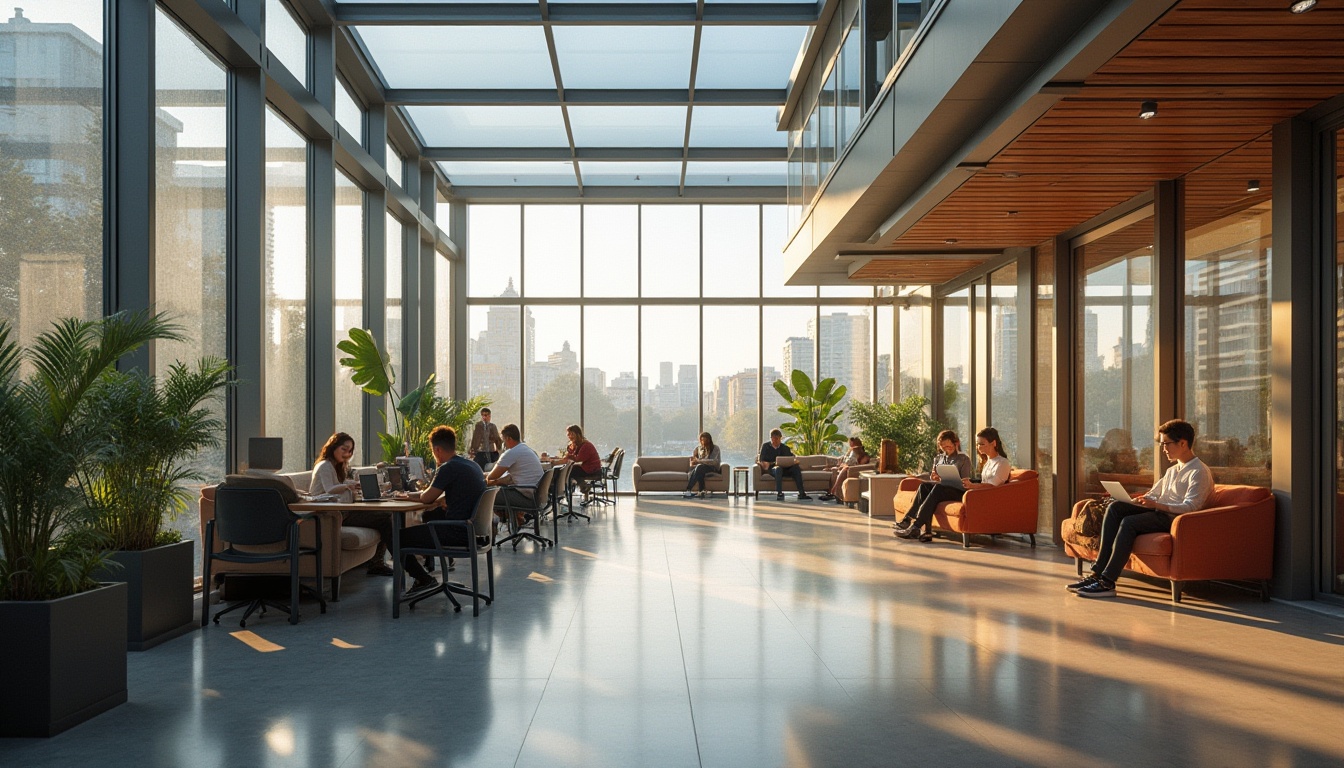 Prompt: Modern student hall, glass facade, transparent roof, minimalist interior design, sleek lines, wooden accents, cozy atmosphere, students socializing, laptops open, warm lighting, comfortable couches, green plants, floor-to-ceiling windows, cityscape view, urban background, afternoon sunlight, soft shadows, 3/4 composition, shallow depth of field.