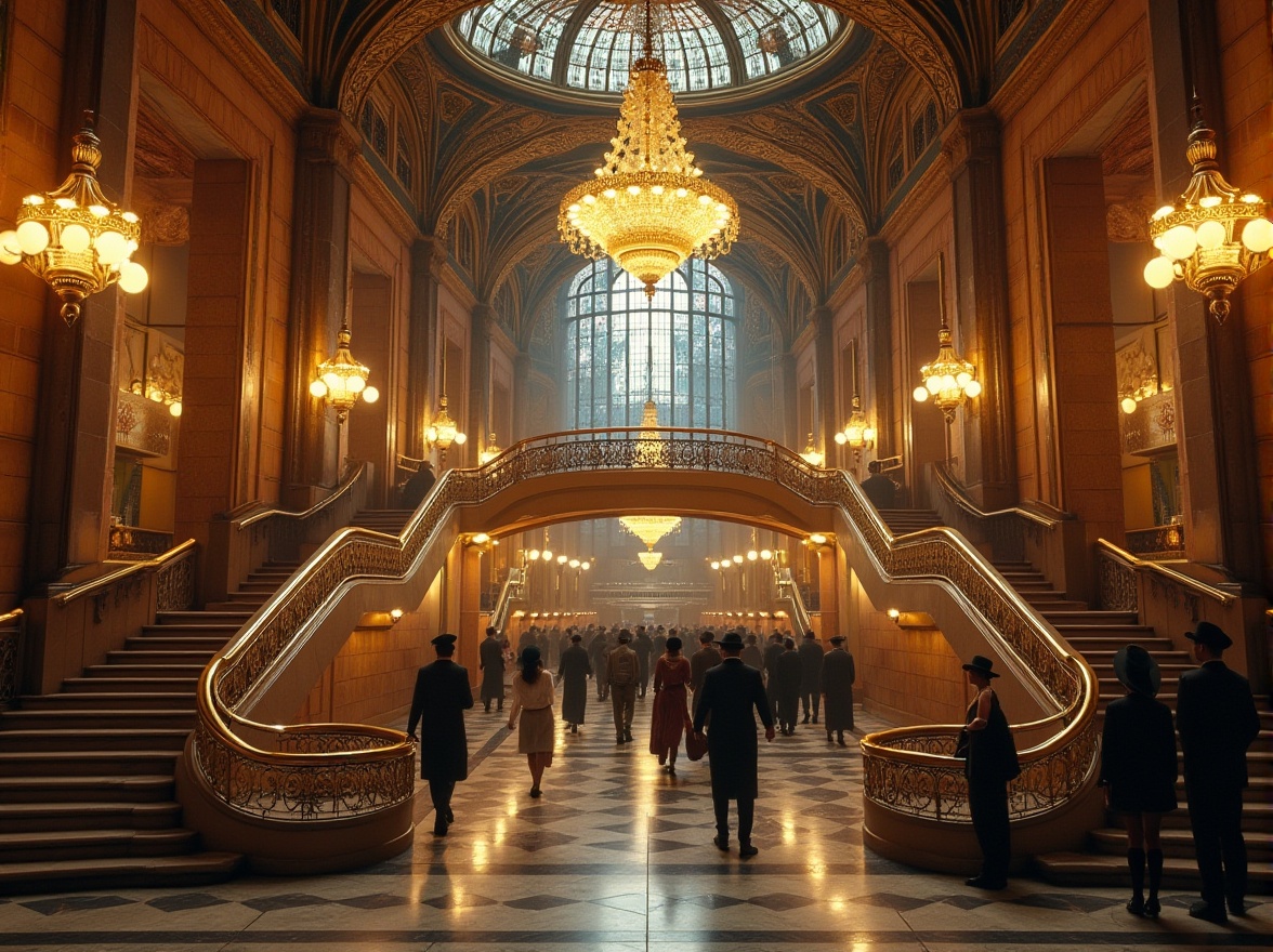 Prompt: Grand, luxurious metro station, Art Deco style, geometric patterns, metallic materials, ornate chandeliers, vintage lamps, curved lines, symmetrical composition, marble floors, bronze accents, grand staircases, intricate mosaics, high ceilings, dramatic lighting, warm color palette, bustling atmosphere, rush hour, people in 1920s attire, fedoras, suits, flapper dresses, luxurious fabrics, ornate ironworks, grand entrance, cityscape background, urban landscape.