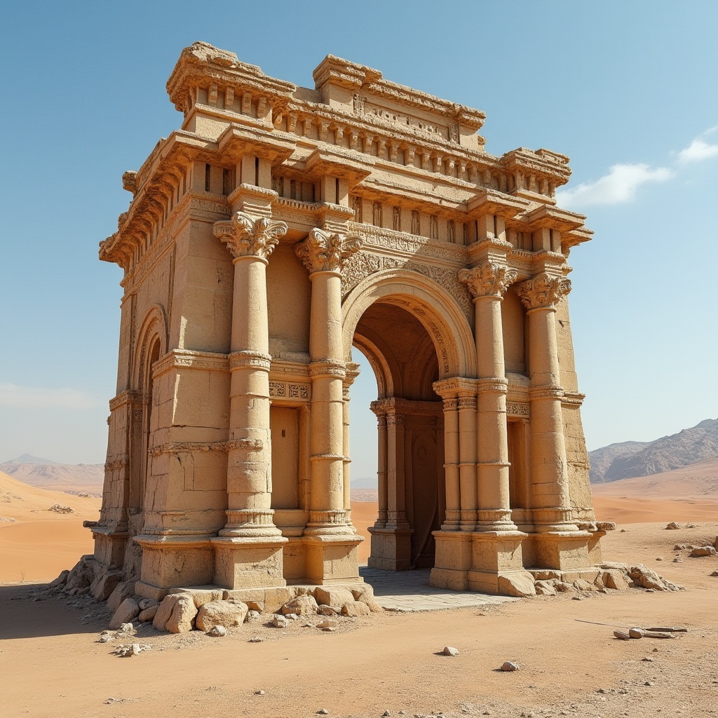 Prompt: ancient monument, sandstone material, intricately carved, ornate details, worn by time, desert landscape, endless dunes, clear blue sky, strong sunlight, dramatic shadows, monumental structure, grandeur scale, ancient civilization, mysterious atmosphere, warm beige color, rough texture, weathered surface, abandoned relics, historical significance.