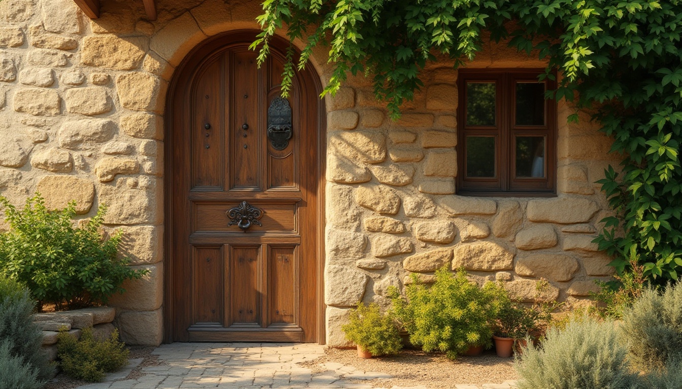 Prompt: Warm wheat color, earthy tone, natural texture, rustic stone wall, wooden door, vintage metal doorknob, climbing plants, lush greenery, cozy cottage, French country style, rolling hills, serene landscape, warm afternoon sunlight, soft shadows, 3/4 composition, cinematic lighting.